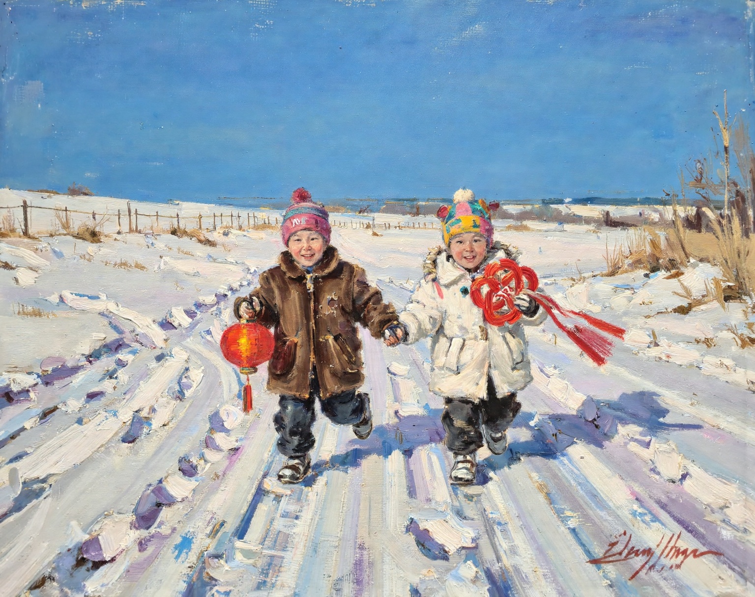 qnian,feixin2,Expressionist painting style,Oil on canvas,oil painting effect,thick oil brushstrokes,obvious brushstrokes and impasto texture,a Chinese winter Spring Festival scene on an expansive snow field,clear blue sky without clouds occupies the upper part of the picture,the distant horizon is slightly undulating,with faint fences and dry grass,creating a sense of open space,the foreground is the undulating and textured thick snow and footprints,the snow surface shadows and highlights are expressed with cold and warm blue,light purple and warm white brushstrokes,in the middle of the picture,there are two Chinese children about 5-6 years old,with round and tender faces,innocent and cute features,natural and relaxed expressions,smiling happily,the children wear brown and white fur coats,colorful hats and gloves,the fluffy texture of the clothes is painted with rough oil brushstrokes,the two children hold hands and run towards the picture,their movements and postures have variations: one steps forward with body slightly leaning forward,the other's toes just leave the ground,body slightly lifted,strong rhythm in legs and trunk,natural and smooth posture,natural hand structure,clear hand-holding area,normal finger proportions without overlapping or distortion,the left child holds a bright red lantern,the right child holds a large red "Fu" character Chinese knot decoration,red creates a strong contrast in the blue and white snowy landscape,sunlight shines from the side,forming warm golden highlights on the face and clothing,shadows stretch towards the snow side,horizontal composition,low angle slightly looking up,making the figures more prominent in the vast snow field,sharp contrast between cold and warm colors,cheerful and festive atmosphere,pure and joyful,expressing the theme of Chinese New Year and childhood happiness,realistic with romantic style,ultra high definition quality,high quality,8K quality,