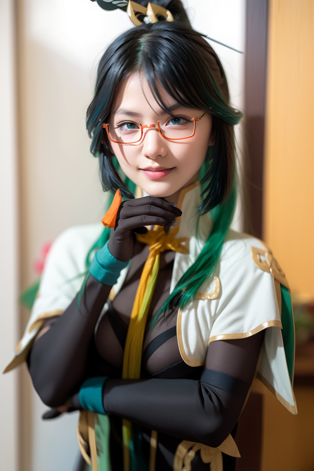 masterpiece, best quality, 8K,realistic, HDR,(photoshop \(medium\):1.6),15yo,<lora:xianyun-v2:1>,1girl, glasses, solo, smile, gloves, looking at viewer, multicolored hair, green hair,upper body, hair ornament, bangs, long hair, ponytail, blue hair, simple background, black hair, semi-rimless eyewear,  two-tone hair, red-framed eyewear, bespectacled, black gloves