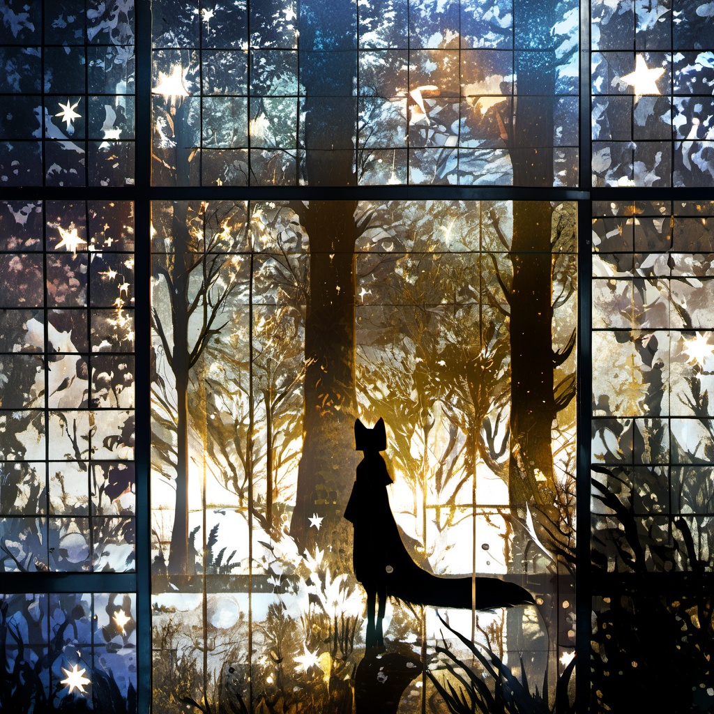 <lora:star_xl_v1:1>,The image showcases a serene and dreamlike scene set against a backdrop of a forest. A silhouette of a person, possibly a girl, stands in the center, holding a fox-like creature by its tail. The person is dressed in a long dress and appears to be gazing into the distance. The forest is illuminated by a soft, golden light, and there are various elements like leaves, branches, and possibly fireflies scattered throughout. The image is framed by a window or sliding door on the left, which has a grid pattern. The entire scene is overlaid with a myriad of abstract shapes, stars, and patterns, giving it a magical and ethereal quality., serene, dreamlike, forest, silhouette, fox-like creature, dress, gaze, grid pattern, magical, ethereal