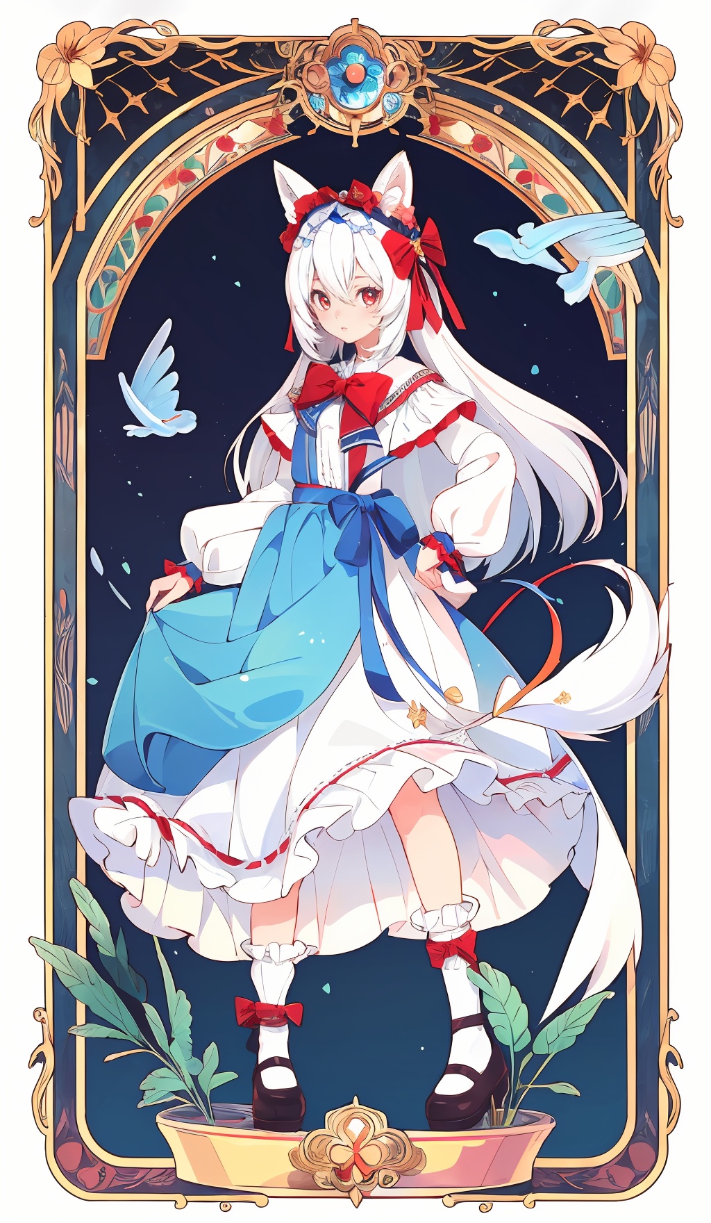 (high quality:1.4),(masterpiece:1.3),card,best quality,highly detailed,1girl,blue bow,animal ears,red eyes,long hair,very long hair,long sleeves,solo,bow,hair between eyes,tail,fox tail,bangs,dress,white legwear,white hair,<lora:card:0.7>,