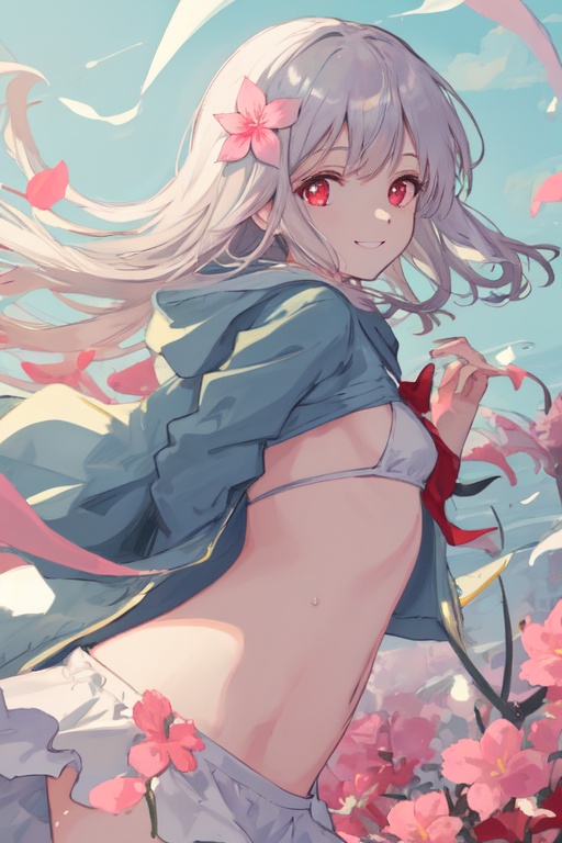 {{{Amazing beautiful detailed red eyes }}},(( beautiful detailed hair )),( long hair ),{{{{{{ detailed cute anime face }}}}}},{{loli}}, (((pink four petal flower hair ornament))).(((white four petal flower hair ornament))),{blue light},((glass strips)),(floating glass fragments),{{{Silver flower}}}, Flying splashes , Flying petals , wind,((masterpiece)), best quality, ilustration, 1girl, small breast, beautiful detailedeyes,beautiful detailed sky, cinematic lighting,dramatic angle, sailor dress,wet clothes, bikini, sideboob, white shirt, long sleeves, hoodie, midriff, jacket, midriff, whitebloomers, frillgs, long hair,masterpiece, best quality, smile,small_breasts,navel, masterpiece, best quality, (white_hair), smile, small_breasts, blunt_bangs, arms behind back,