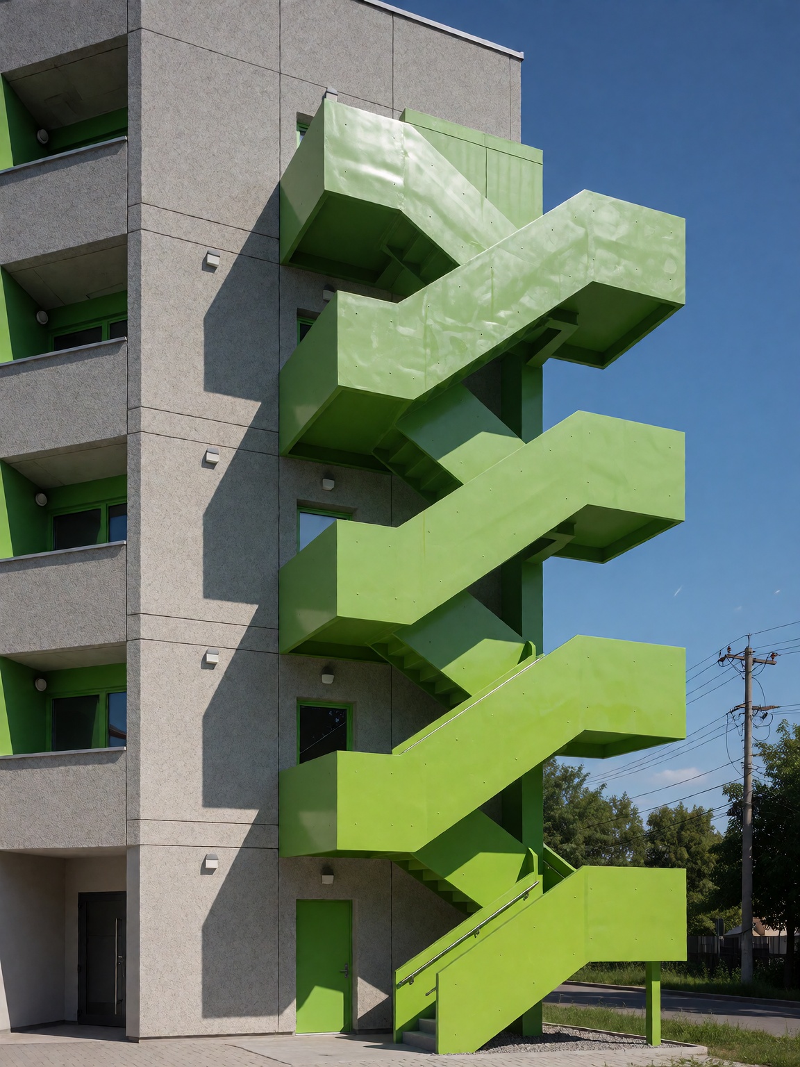 striking lime green zig-zag exterior staircase,  modern textured grey building facade,  recessed green balconies on Tensor...