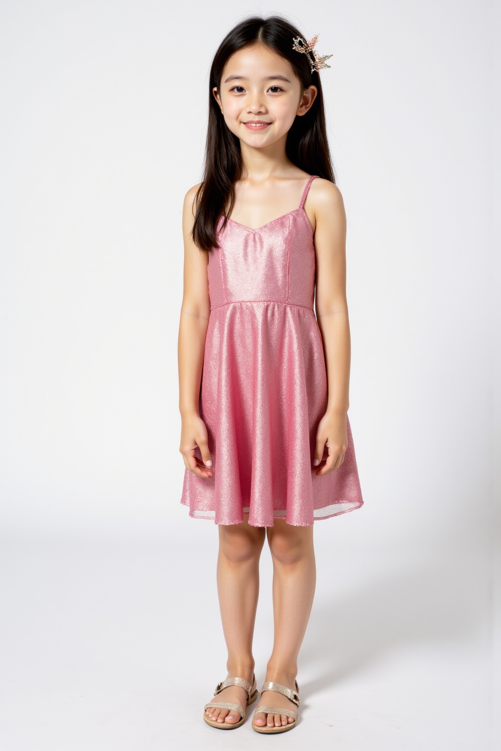 <lora:20250110_AgainCharacters_Flux:1>, 1girl, solo, realistic, dress, pink dress, long hair, black hair, smile, shoes, hair ornament, looking at viewer, standing, child