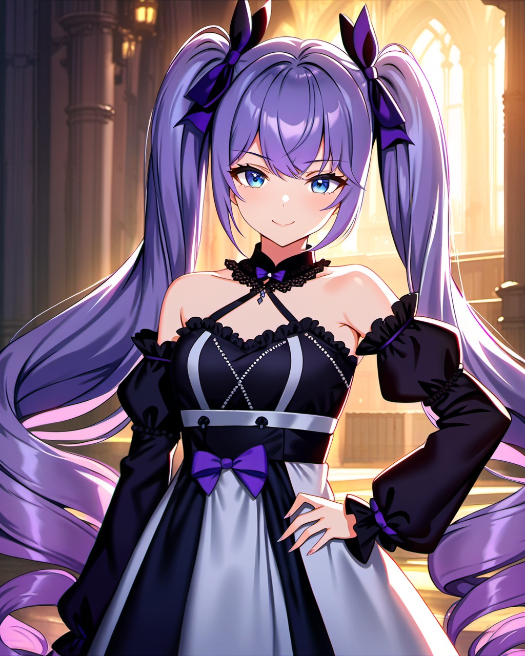<lora:xiangwan-asoul-a3d:0.6>,ray tracing,very aesthetic,aesthetic,amazing quality,best quality,hight,hight quality,masterpiece,highres BREAKVolumetric Lighting,Cinematic Lighting,background light,moody lighting,dusk,1girl,twintails,solo,smile,blue eyes,purple hair bow,halter dress,black sleeves,long hair,purple hair,bangs,hand on hip,closed mouth,very long hair,breasts,gothic architecture,cowboy_shot,looking_at_viewer,looking_down,