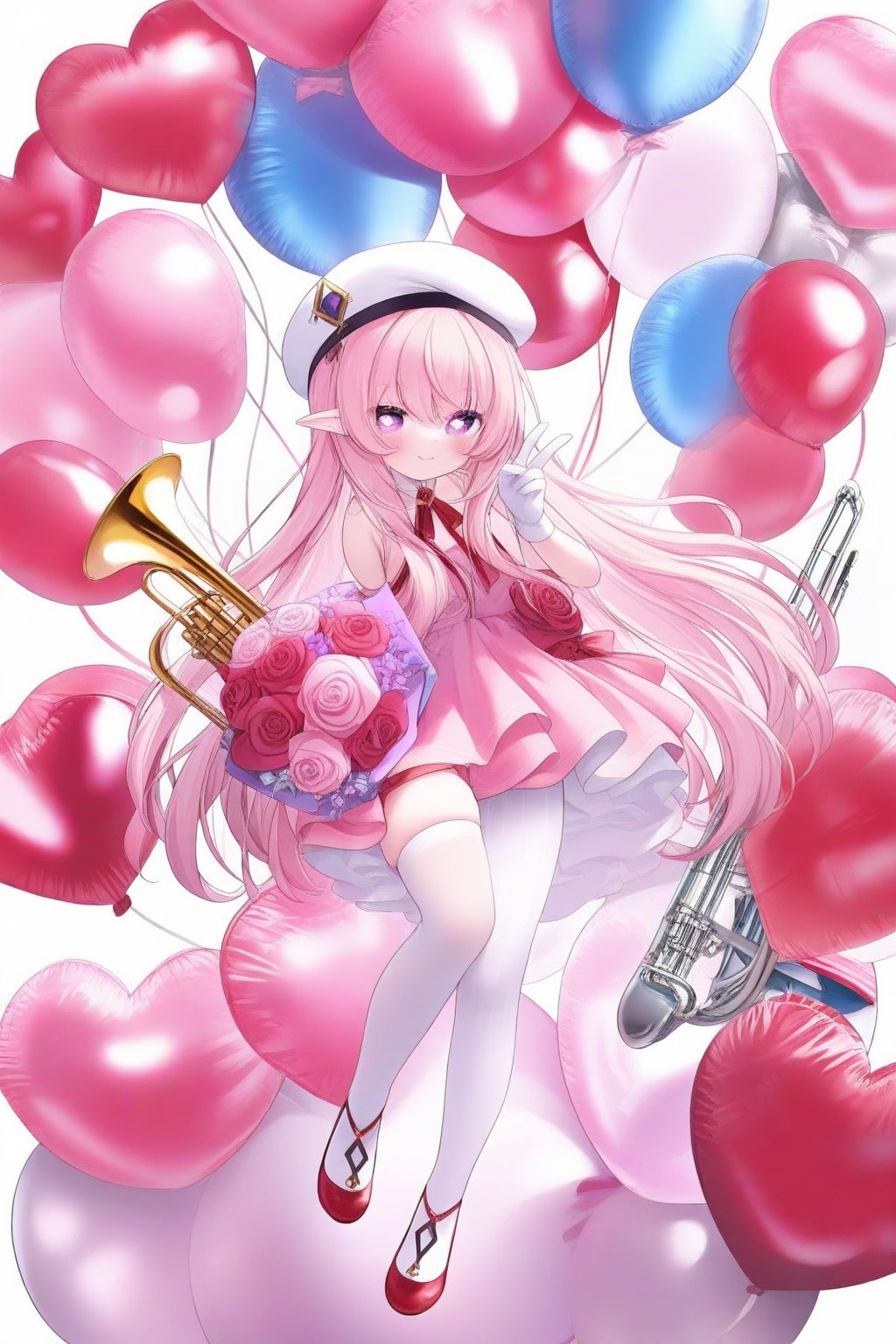 1girl, balloon, beret, bouquet, character balloon, diamond-shaped pupils, diamond \(shape\), dress, elf, full body, gloves, hat, heart balloon, holding, holding bouquet, instrument, long hair, pantyhose, pink dress, pink hair, pointy ears, purple eyes, red shoes, shoes, simple background, single leg pantyhose, single thighhigh, smile, solo, symbol-shaped pupils, thighhighs, trumpet, v, very long hair, white background, white gloves, white hat, white pantyhose, white thighhighs<lora:ch_p-000021:1>