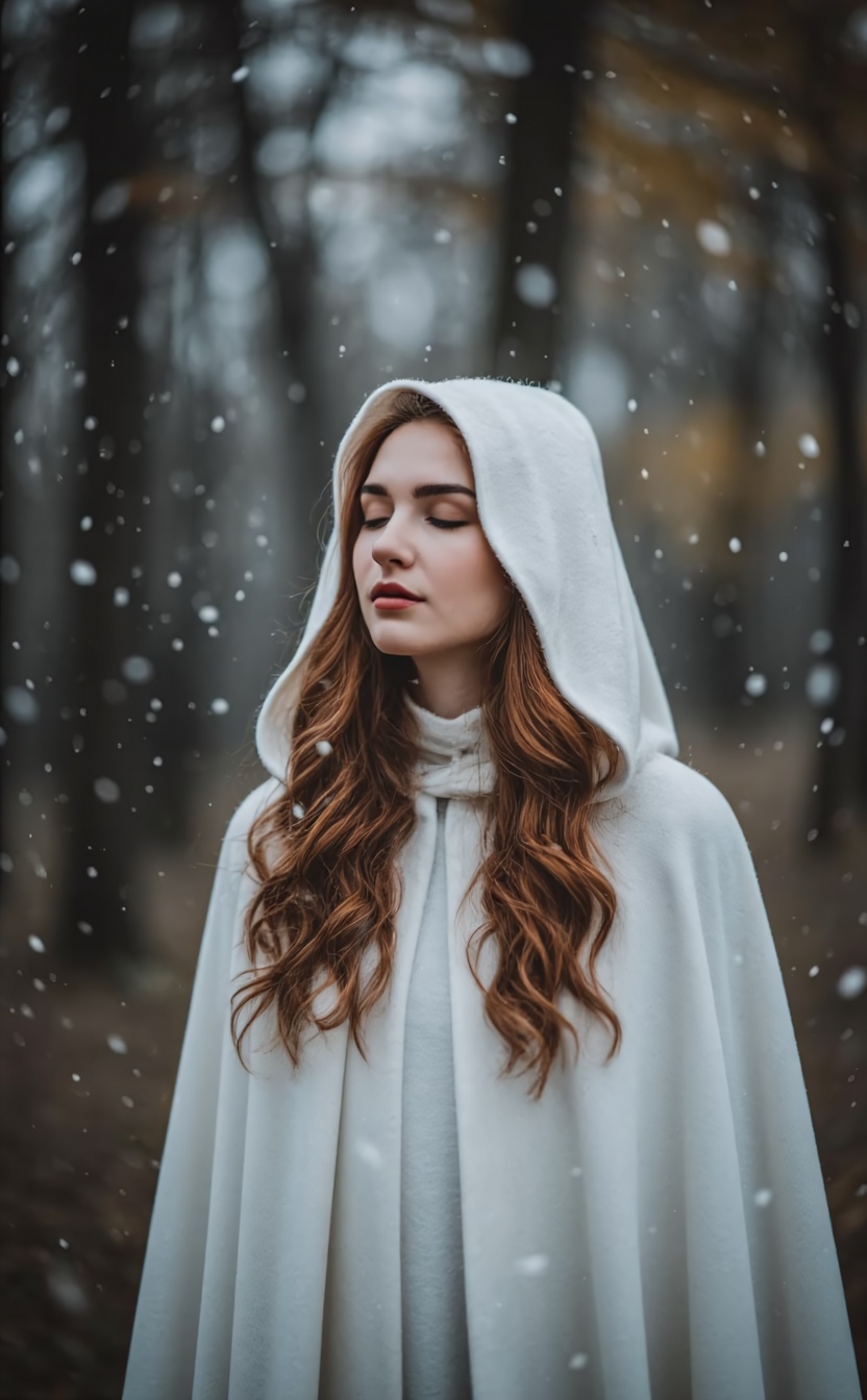 A young woman with long wavy auburn hair stands in a forest eyes closed wearing a white hooded cloak that drapes softly ar...