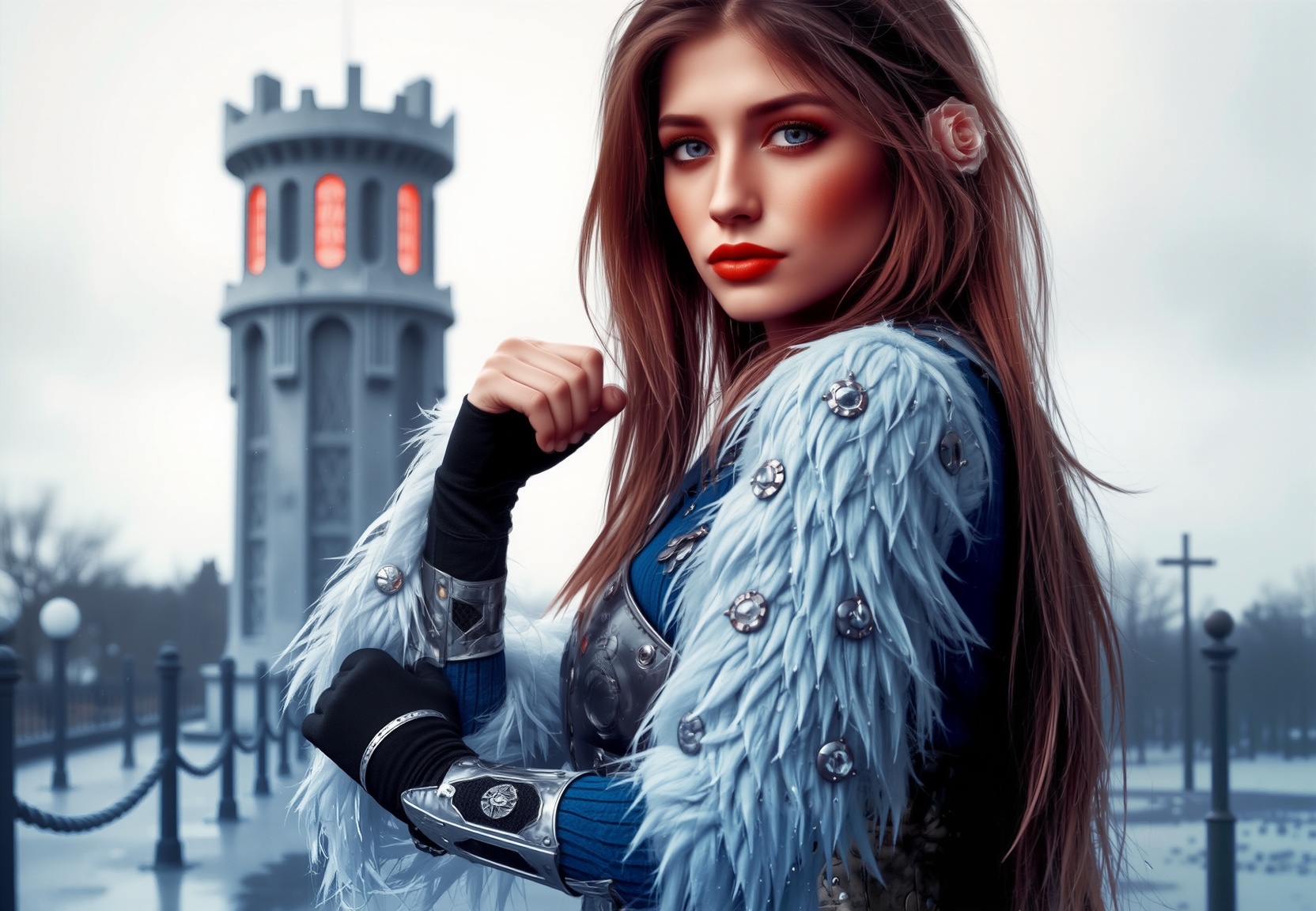 (Gorgeous Photo) of a warrior Kulsky wearing white flock fancy [blue] dress ,  highlights in red hair,  hairstyle Emo on T...