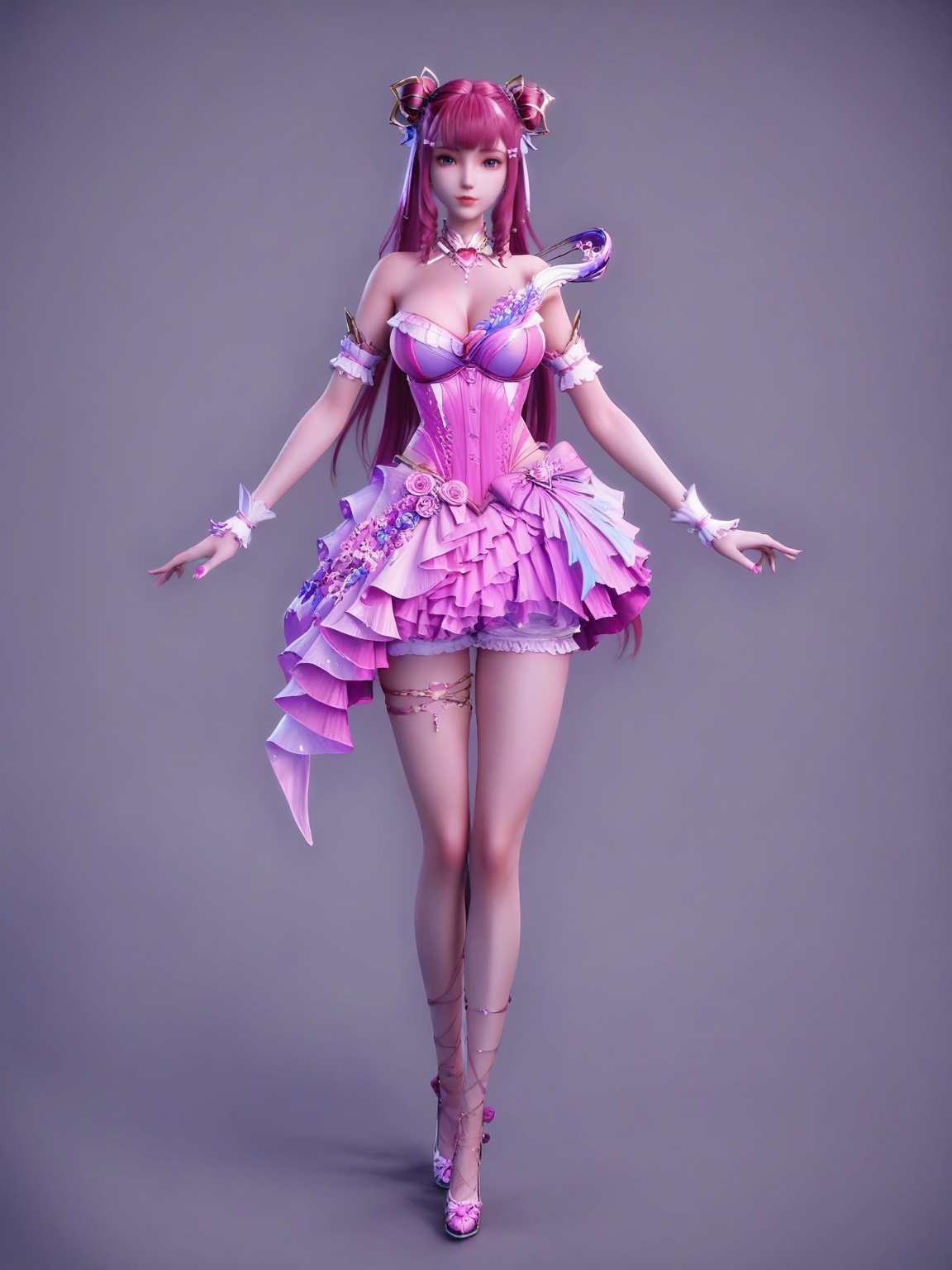 score_9,<lora:SF_ChenYingErSecondClothes_Pony_Realism2.3-000004:0.7>,hair ornament,pink dress,1girl,breasts,large breasts,standing,solo,looking at viewer,simple background,