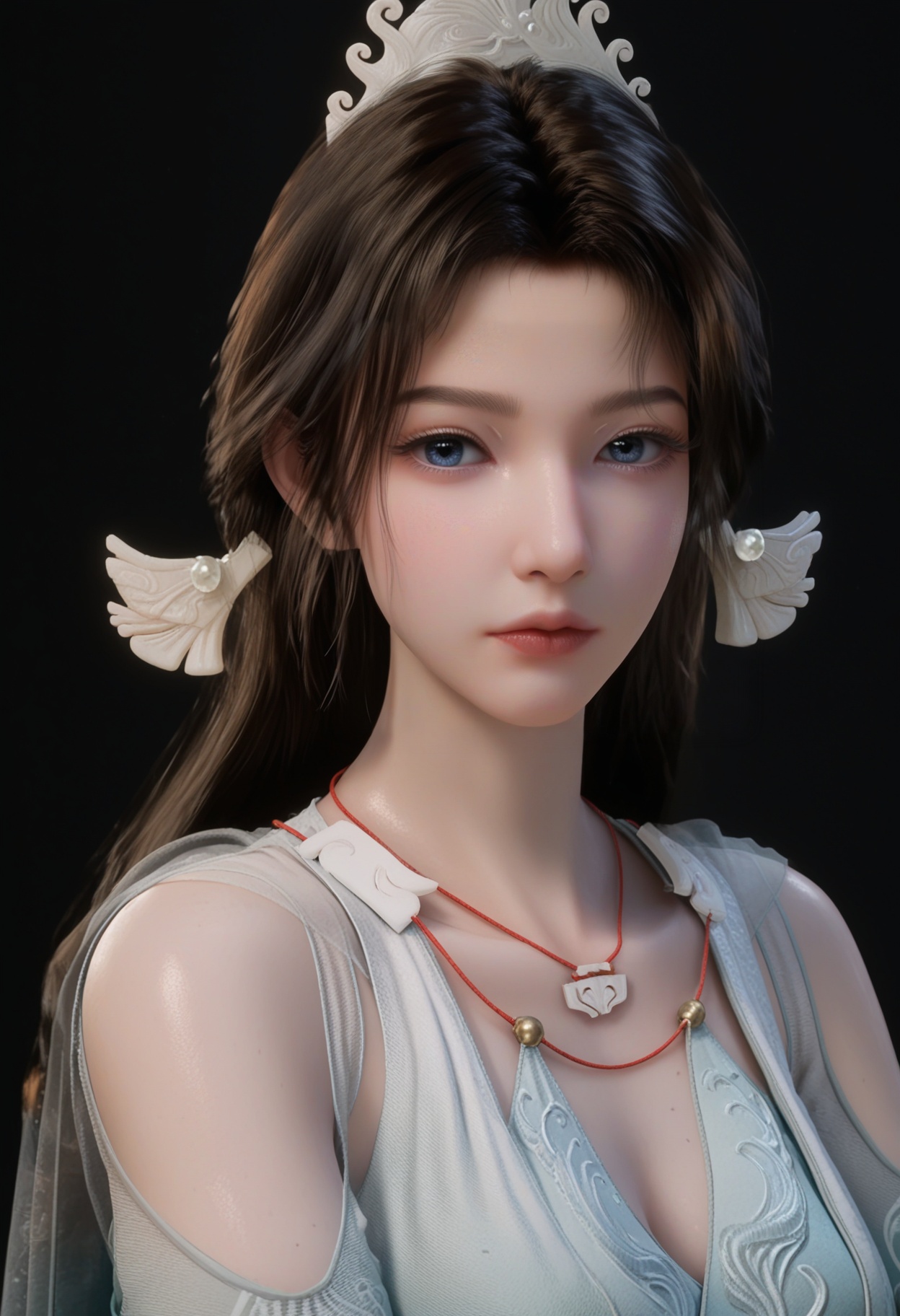 (upper_body:1.2),(score_9:1.2),(score_8_up:1.2),(top quality, 8k wallpaper:1.1),(masterpiece:1.1),(best quality:1.2),(intricate details),8k,1girl,facing viewer,(looking at viewer:1.1),<lora:YQ_pony_songyu_V4:0.95:lbw=1,1,1,1,1,1,1,1,1,0.8,0.8,0.1>,q1528437228,1girl,solo,long hair,dress,hair ornament,jewelry,necklace,brown hair,black hair,blue dress,sash,white dress,long sleeves,tiara,blue eyes,green dress,boots,BREAK(score_9:1.2),(score_8_up:1.2),masterpiece,best quality,very aesthetic,perfect anatomy,(hourglass),perfect face,(simple background,pure black background,black background:1.1),fair_skin,(shiny_skin:1.1),Ivory_skin,