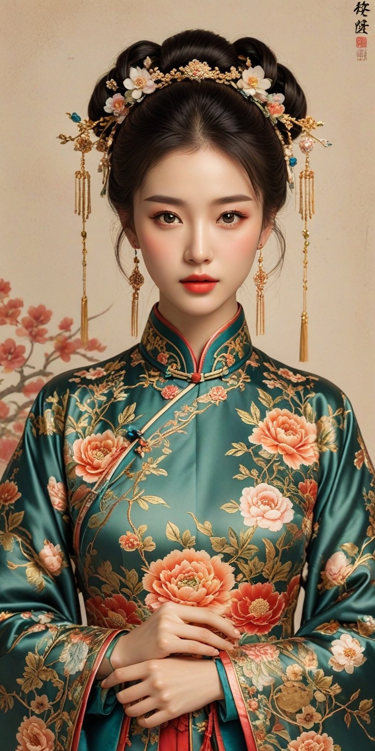 Traditional Chinese female portrait,delicate facial features,youthful woman,intricate hair adorned with floral accessories,rosy cheeks,slender neck,wearing an ornate qipao with elaborate embroidery,vibrant warm hues,cultural attire signifying elegance and status,serene and graceful demeanor,adorned with understated drop earrings,clear attention to textile patterns and jewelry details,soft pastel background complementing the subject's gentle visage,artistic inspiration likely drawn from historical Chinese paintings or modern reinterpretations thereof.,