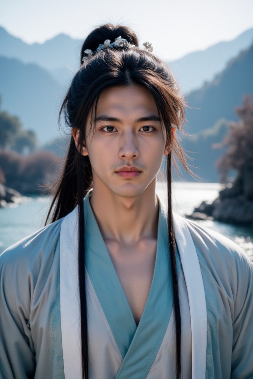 <lora:20250110_AgainCharacters_Flux:1>, 1boy, male focus, solo, hair ornament, chinese clothes, black hair, hair bun, long hair, mountain, outdoors, water, looking at viewer