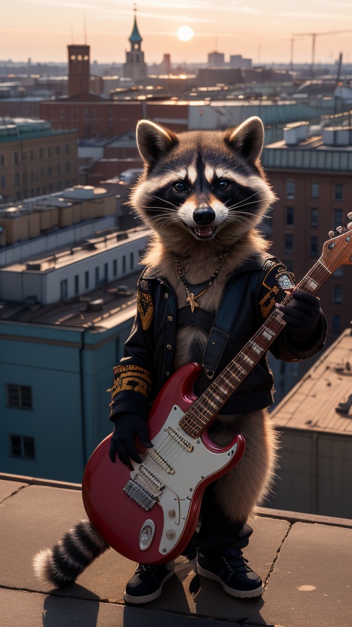 An anthropomorphic punk-raccoon is seen playing an Eddie Van Halen red guitar high atop the rooftops of Saint Petersburg,...