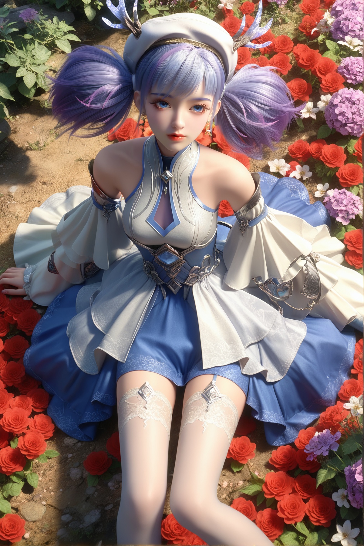 score_9,score_8_up,score_7_up,<lora:wy_xiaomilu_XL7.0:0.8>,1girl,solo,hat,detached sleeves,thighhighs,twintails,dress,purple hair,bare shoulders,earrings,jewelry,white thighhighs,bangs,blue eyes,sitting,many flowers,very many flowers,on_ground,flower,from_above,