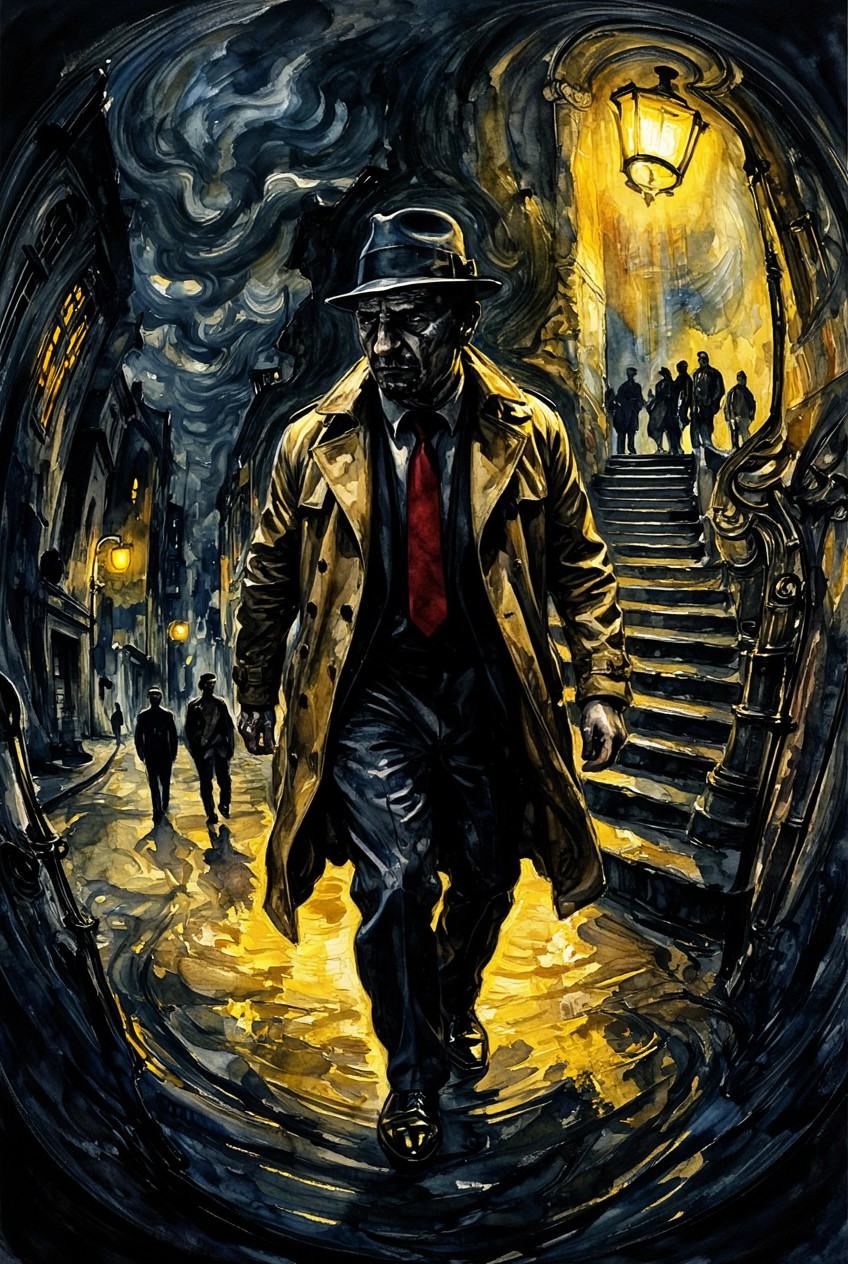 tot_art,  johnsingersargent14z25 watercolor painting. Surrealistic painting. Fisheye close-up of a film noir detective wal...