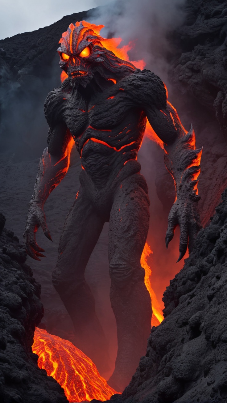 <lora:鲜创一派@奇幻世界XL:1>,Lava Monster, Monster Living in Volcanic Lava Cliffs, Unsettling Atmosphere, Full Body, High Detail, Ultra High Resolution, 32K UHD, Best Quality, Masterpiece,