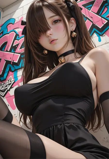 woman, solo,bell-earrings, choker,sheer_thighhighs,perky breasts, large breasts, small waist, soft thighs, skin pressed, side boobs, dress,pink lashes, long lashes, very awa, graffiti, multicolored background, black inked, zigzag_background, white,brown hair, long hair, long bangs, hair over eye, hair-ribbons, brown eyes, tilted angle, close up, upper body with face focus, from below, side view,looking at viewer, tilted head, sitting, legs_apart,blush,nuzzling lips,