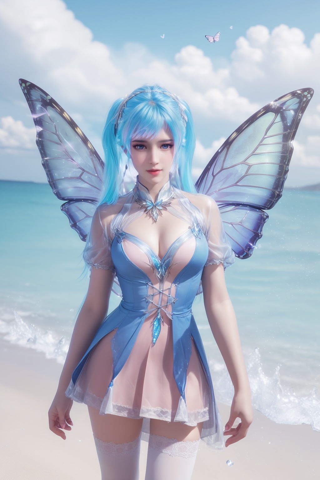 photo_\(medium\),(8k, RAW photo, best_quality),(masterpiece:1.2),(realistic:1.2),(photorealistic:1.3),(ultra-detailed),(extremely_detailed_cg_8k_wallpaper),(crystal_texture_skin:1.3),(shiny:1.2),(shiny_skin:1.4),(extremely_delicate_and_beautiful),Summer,Beach,Sea,sunshine,shenfengTangWuTong,1girl,solo,torogao,dress,blue hair,gradient hair,blue theme,twintails,standing,butterfly,butterfly wings,pleated skirt,white thighhighs,wings,jewelry,hair ornament,lips,realistic,looking at viewer,<lora:shenfengTangWuTong_20240511230122-000005:0.7>,