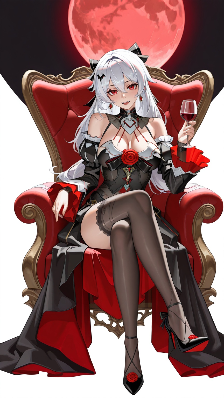 masterpiece,best quality,amazing quality,<lora:dayuexia:0.9>,dayuexia,long hair,1girl,red eyes,white hair,breasts,solo,<lora:20250808-1754650692631:0.8>,zhigan3d,dayuexia,1girl,red eyes,cup,vampire,solo,thighhighs,crossed legs,flower,red moon,dress,black dress,rose,white hair,wine glass,holding cup,holding,white background,moon,full body,breasts,drinking glass,long hair,red rose,black footwear,jewelry,looking at viewer,sitting,full moon,red flower,high heels,earrings,detached sleeves,couch,black thighhighs,open mouth,simple background,wine,bare shoulders,smile,black sleeves,long sleeves,alcohol,hair ornament,hair between eyes,armchair,cleavage,