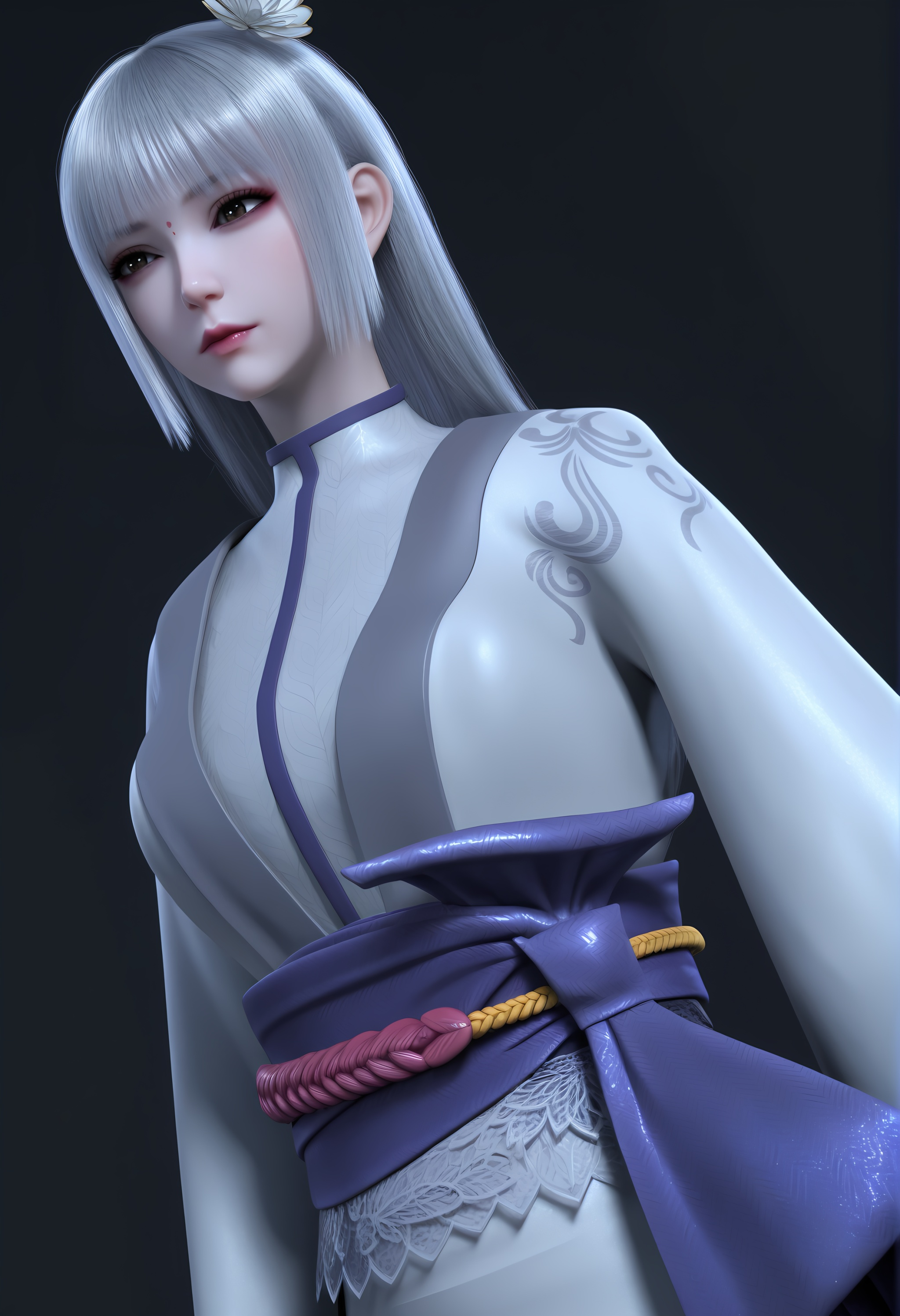 (score_9),dutch angle,cowboy shot,<lora:苏红息-apony:0.83>,shuxihong,1girl,solo,red dot,long hair,silver hair,hair ornament,hair flower,bangs,kimono,sash,short kimono,obi,bandages,floral print,(glamor),curvy,pointy chest,puffy chest,BREAK<lora:Expressive_H-000001:0.8>,light blush,Expressiveh,looking down,<lora:e肤色滑块:0.25>,fair_skin,(pale skin),<lora:e色温:0.25>,ultra-detailed skin texture,detailed textures,<lora:皮肤凹痕:1.5>,<lora:RealisticSkinv1_ponyv6_loraplus:0.35>,real skin,BREAKsimple background,black background,4K ultra HD,sharp focus,high detail,high contrast,