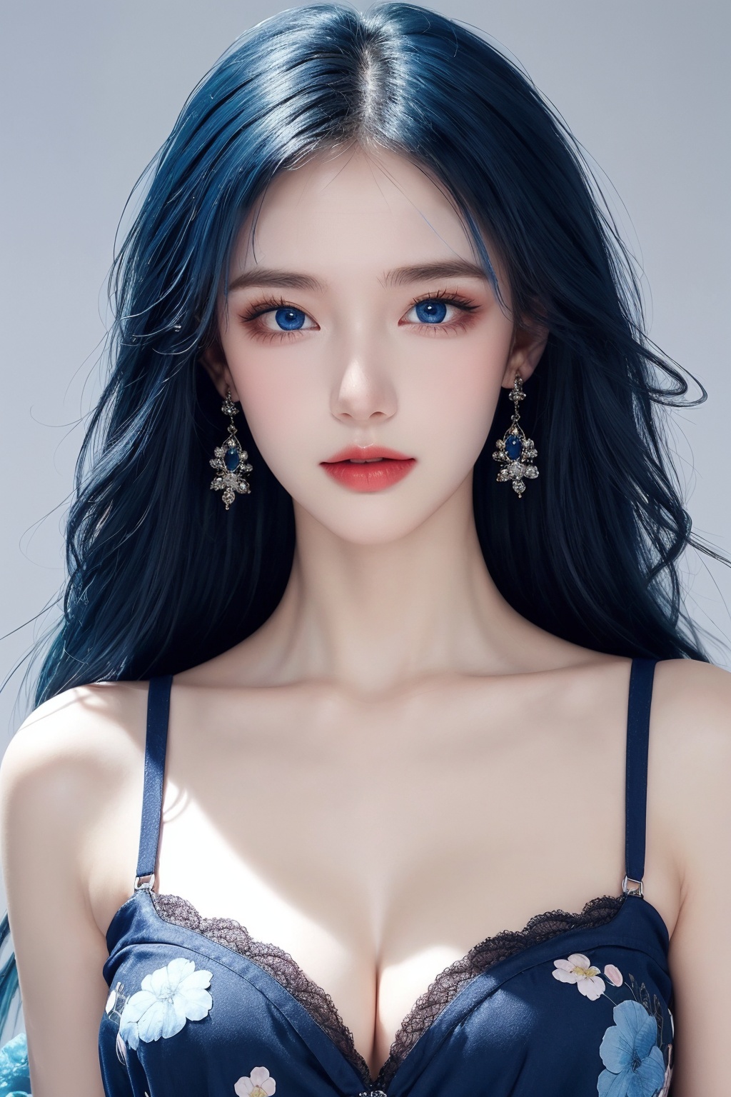 1girl, blue eyes, blue hair, bra, breasts, cleavage, collarbone, earrings, floral print, grey background, jewelry, lace, lace-trimmed bra, lace bra, lace trim, large breasts, long hair, looking at viewer, solo, underwear, upper body ,(blue eyes and blue hair beauty:1.2)  <lora:蓝色:1>