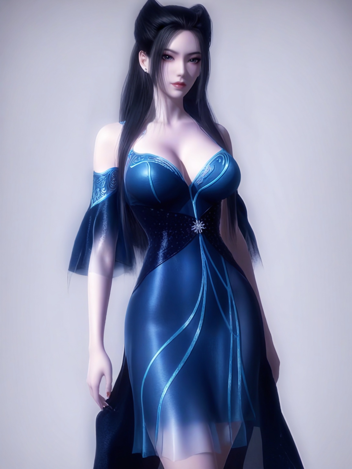 score_9,<lora:SF_YanLingJiBlueDress_Pony_Realism2.3-000004:0.7>,1girl,solo,standing,blue dress,breasts,large breasts,highleg,red lips,jewelry,raw lighting,looking at viewer,white background,simple background,