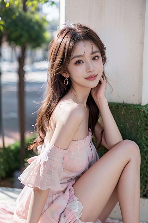 1girl,dress,flower,solo,brown hair,pink dress,sitting,rose,plant,(long hair:1.3),blurry,bare shoulders,pink flower,jewelry,pink rose,necklace,depth of field,off-shoulder dress,parted lips,off shoulder,breasts,looking at viewer,collarbone,lips,vines,strapless,princess,strapless dress,blurry foreground,full body,earrings,smile,