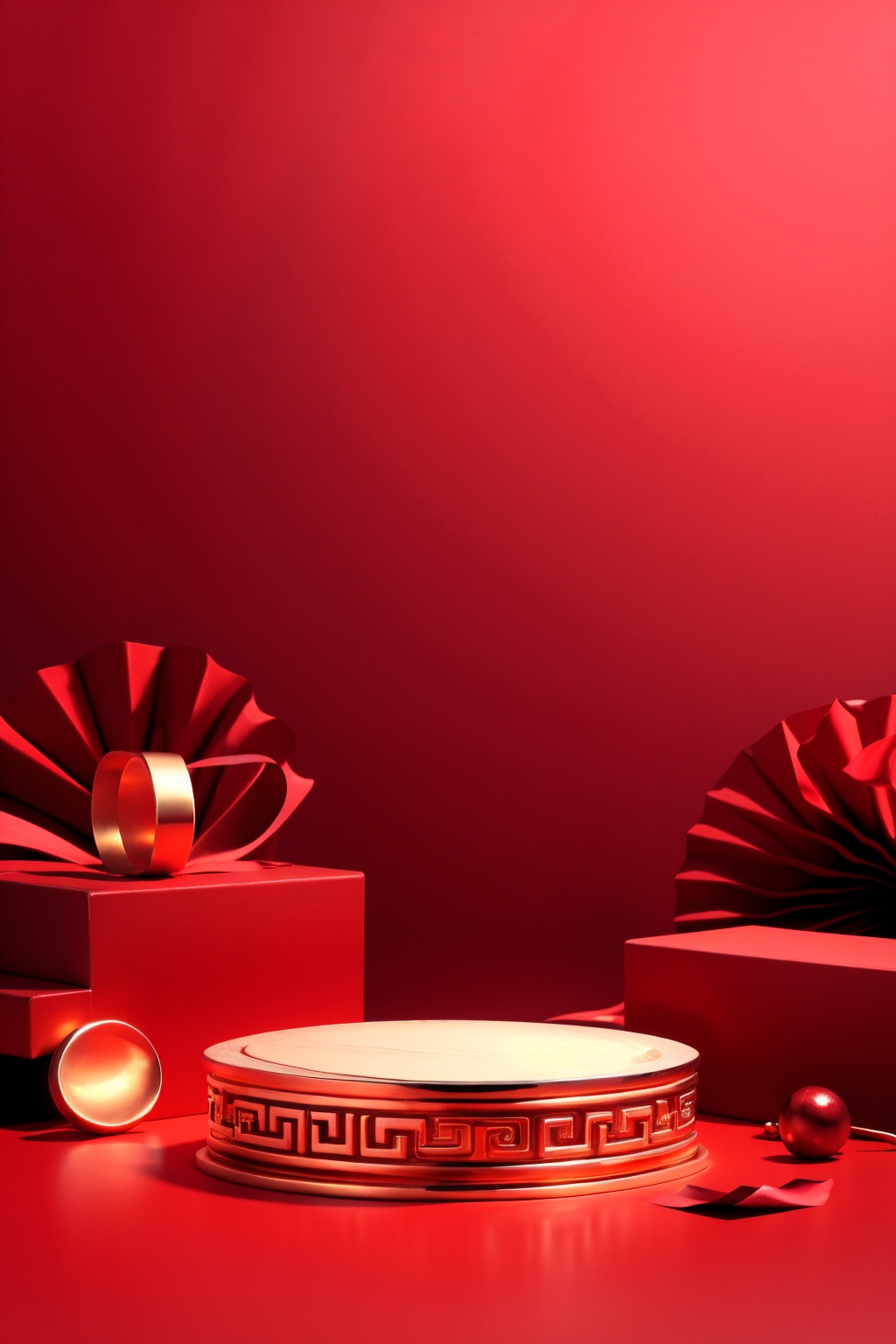 masterpiece,best quality,CNY_stage,red theme, still life, no humans, ring, jewelry, red background, ribbon, shadow, ornate ring, wedding ring