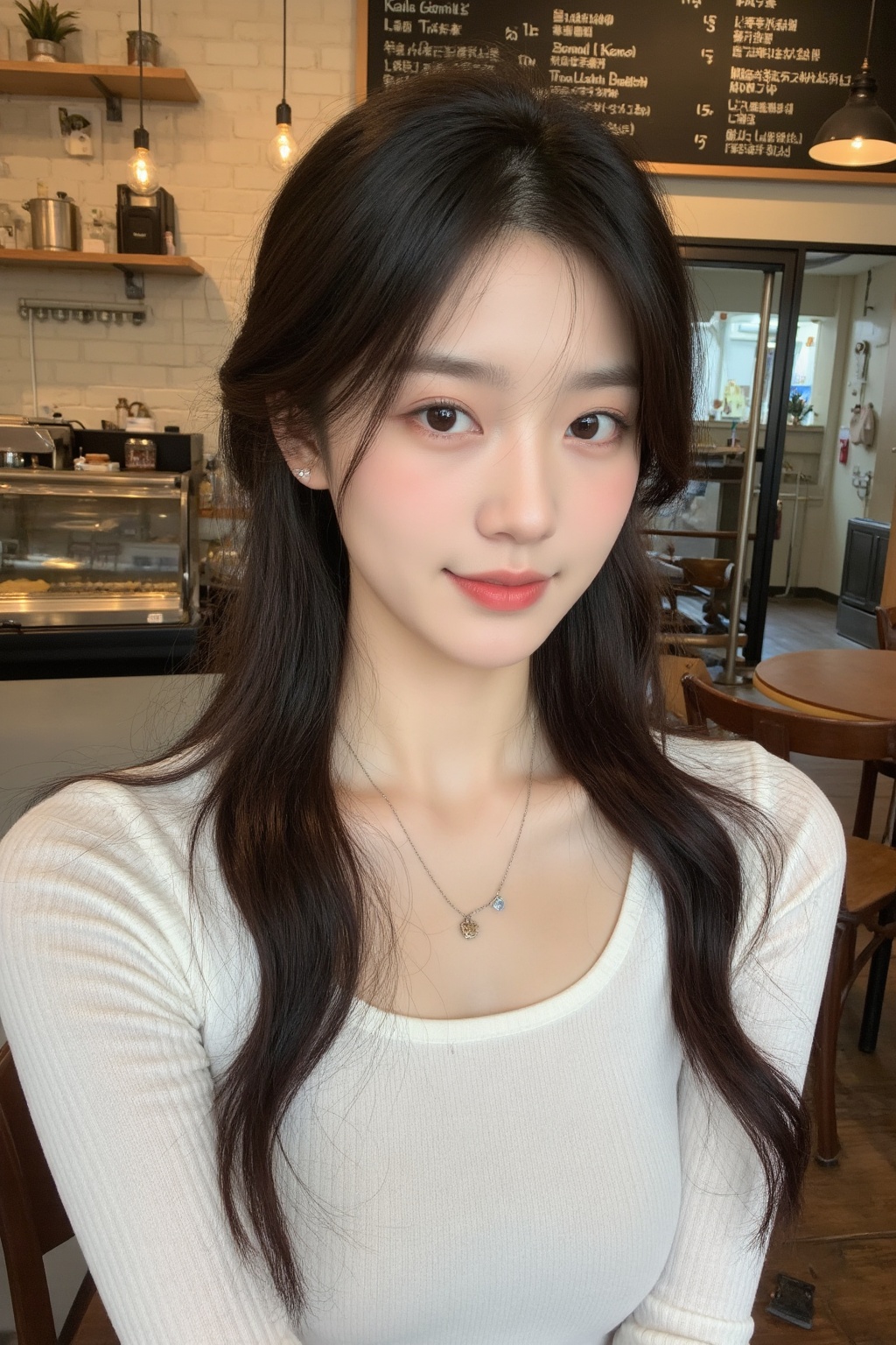 1girl,A moment of serene beautyin a cozy café setting,Real Skin,