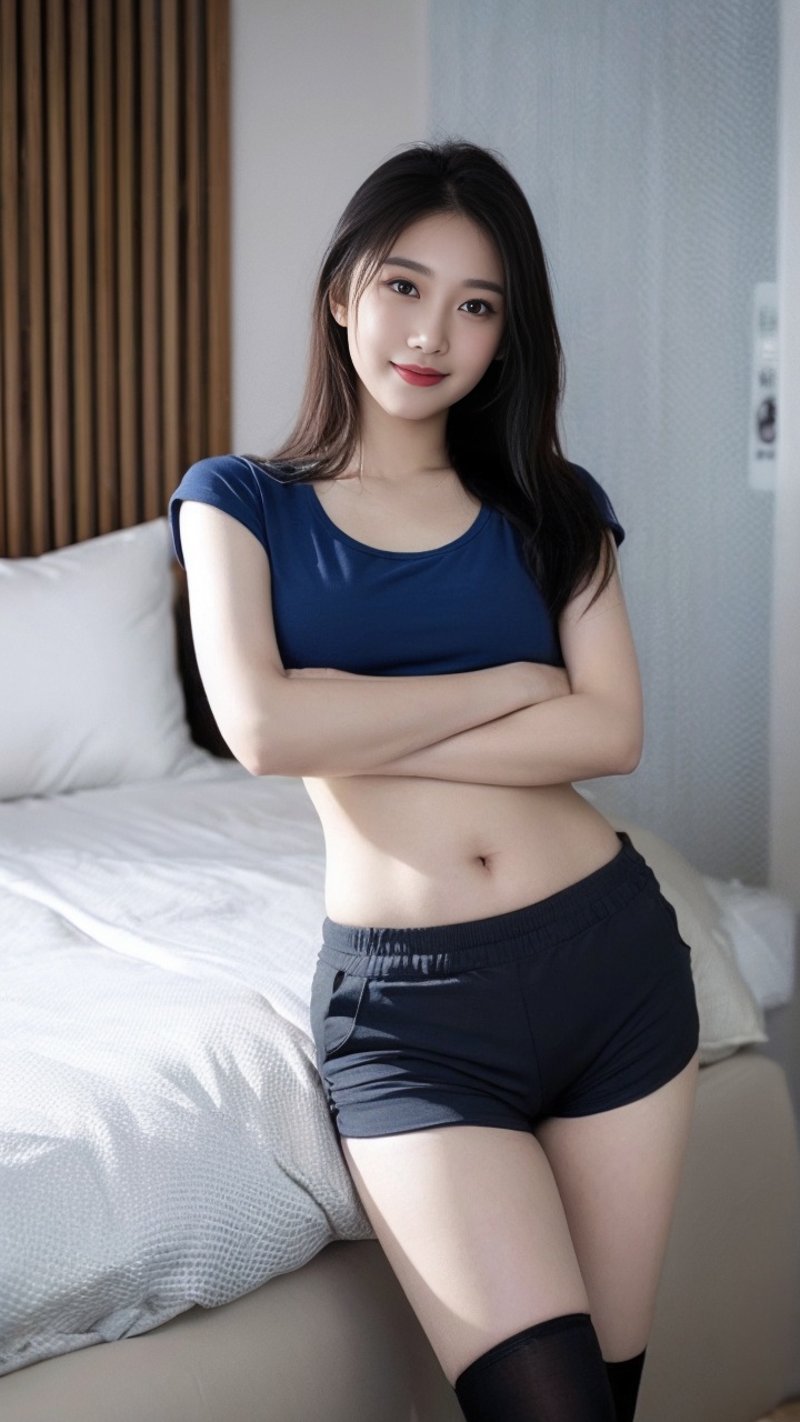<lora:meinv213:0.8>,1girl,solo,shorts,breasts,shirt,navel,crossed arms,looking at viewer,bed,white shirt,long hair,midriff,short shorts,short sleeves,black hair,pillow,lips,indoors,realistic,on bed,crop top,(medium breasts:1.3),smile,brown eyes,blue shorts,closed mouth,collarbone,t-shirt,Standing,Ultra thin black stockings,