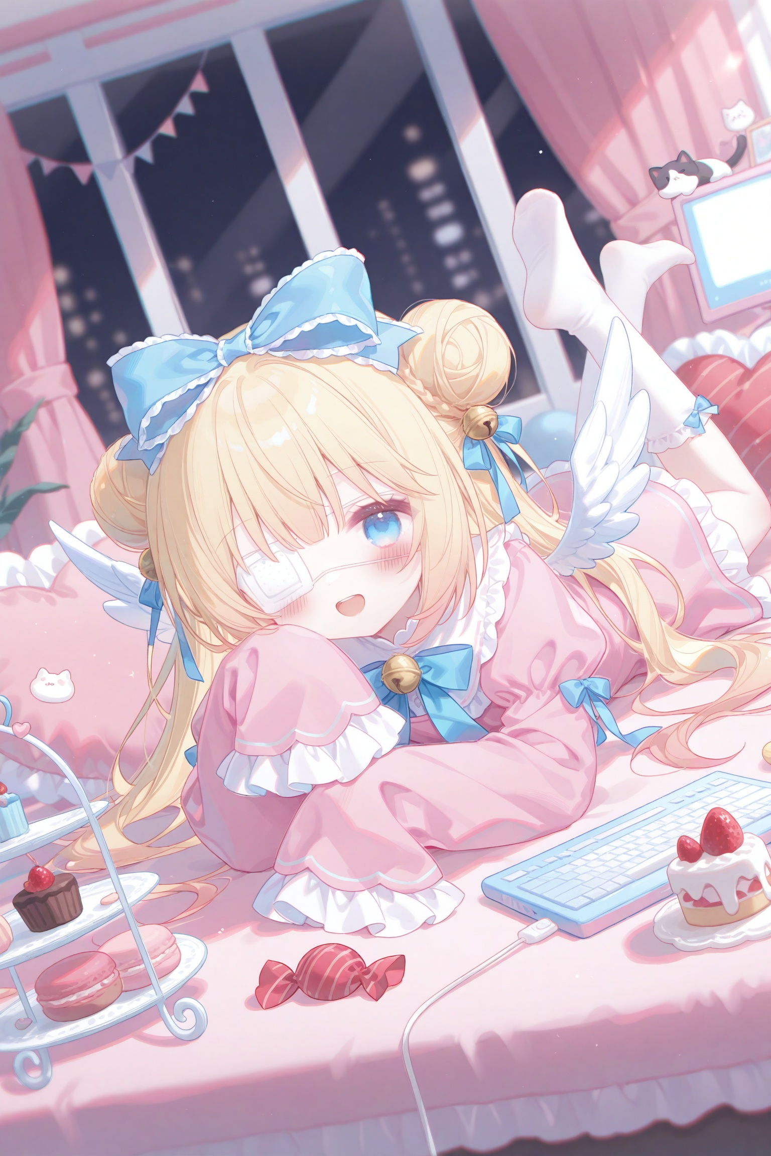 masterpiece,very aware,highres,absurdres,newest,best quality,loli,petite,high quality,chromatic_aberration,cinematic_angle,dutch angle,nyalia,//,umehara,konya666,//,1girl,frilled pillow,macaron,rose,sleeves past wrists,bell,eyepatch,food,bow,cake,blue eyes,hair bow,frills,sleeves past fingers,blue bow,jingle bell,pillow,:d,red rose,hair bun,long sleeves,puffy sleeves,blonde hair,flower,socks,white wings,solo,no shoes,smile,laptop,on stomach,red flower,strawberry,double bun,hair bell,stuffed animal,computer,soles,swirl lollipop,lying,pink rose,heart-shaped pillow,medical eyepatch,stuffed toy,the pose,heart,wings,cake slice,feathered wings,dress,cat,candy,looking at viewer,open mouth,pink flower,stuffed cat,hair ornament,fruit,indoors,skirt,kneehighs,tiered tray,depth of field,shirt,pink dress,blurry background,candy wrapper,pink skirt,blurry,animal,window,lollipop,teeth,cupcake,mini wings,juliet sleeves,short over long sleeves,white socks,frilled skirt,hand up,white bow,frilled dress,upper teeth only,ribbon trim,blush,striped bow,