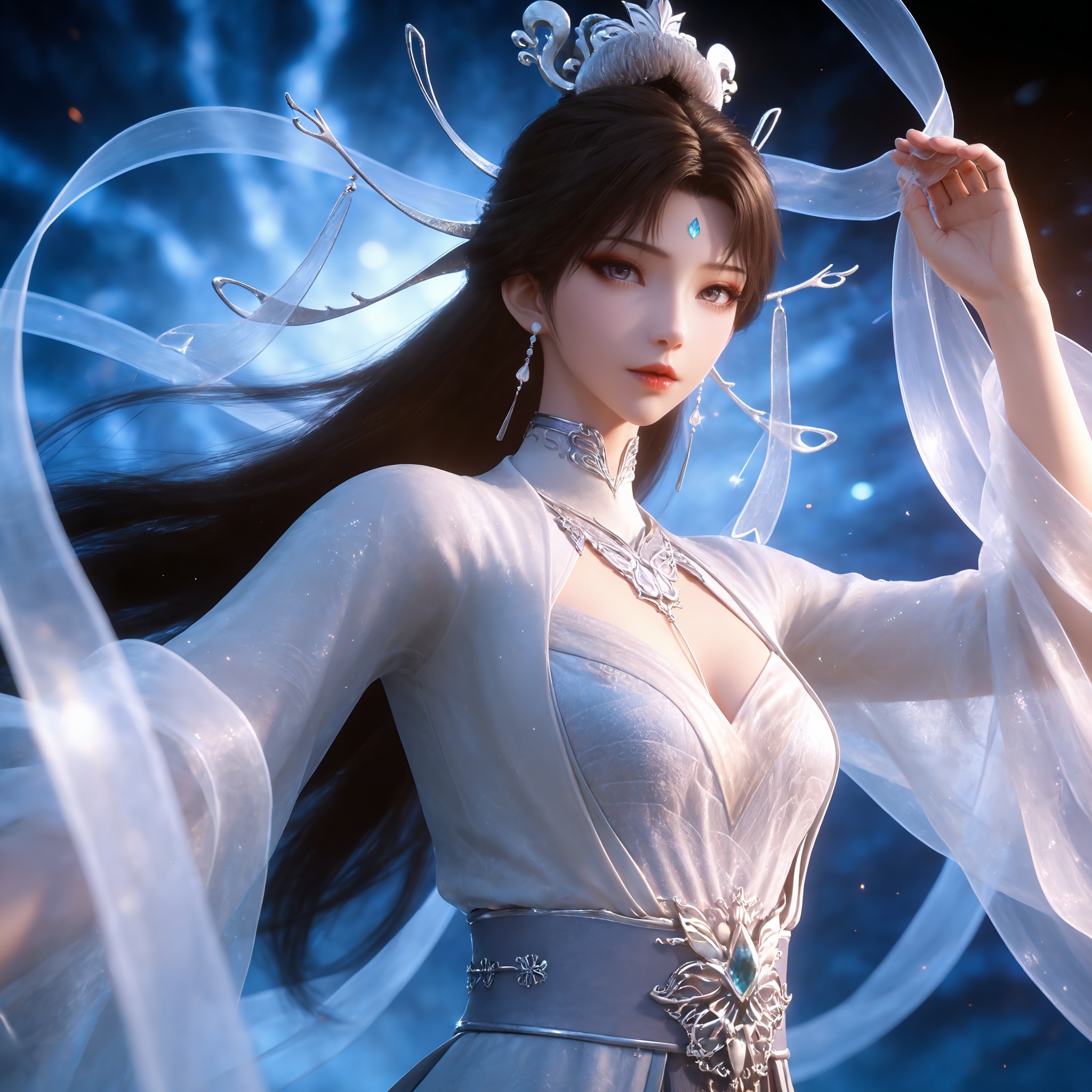 <lora:神墓-楚月IL:0.8> 1girl, long hair, hair ornament, earrings, forehead mark, brown hair, hair bun, chinese clothes, white dress, long sleeves, cleavage cutout, see-through, sash,, solo,upper body,looking at viewer,gradient background,gradient,blue background,black background,, realistic style photo,outstanding style,Use soft lighting to cast gentle shadows on the subject,adding a touch of dimension to your images without compromising details,whirls of vapor,(Anime:1.1),soft neon light,ethereal ambiance,delicate details,magical atmosphere,concept art,highly detailed,ultra-high resolution,32K UHD,sharp focus,best-quality,masterpiece,golden hour,unconventional supreme masterpiece,masterful details,temperate atmosphere,with a high-end texture,in the style of fashion photography,magazine style,Dynamic Angle,Dynamic posture,magazine style,Dynamic Angle,Dynamic posture,(cowboy_shot:1.2),eye trail,depth of field,cinematic lighting,lens flare,close-up,extreme aesthetic,(wlop:0.6),(honjou raita,lack,rella,wanke:0.5),masterpiece,best quality,good quality,newest,year 2025,very aesthetic,absurdres,Visual impact,A shot with tension,ultra-high resolution,32K UHD,sharp focus,best-quality,masterpiece,Emotionalization,unconventional supreme masterpiece,masterful details,temperate atmosphere,with a high-end texture,in the style of fashion photography,(Visual impact:1.2),giving the poster a dynamic and visually striking appearance,