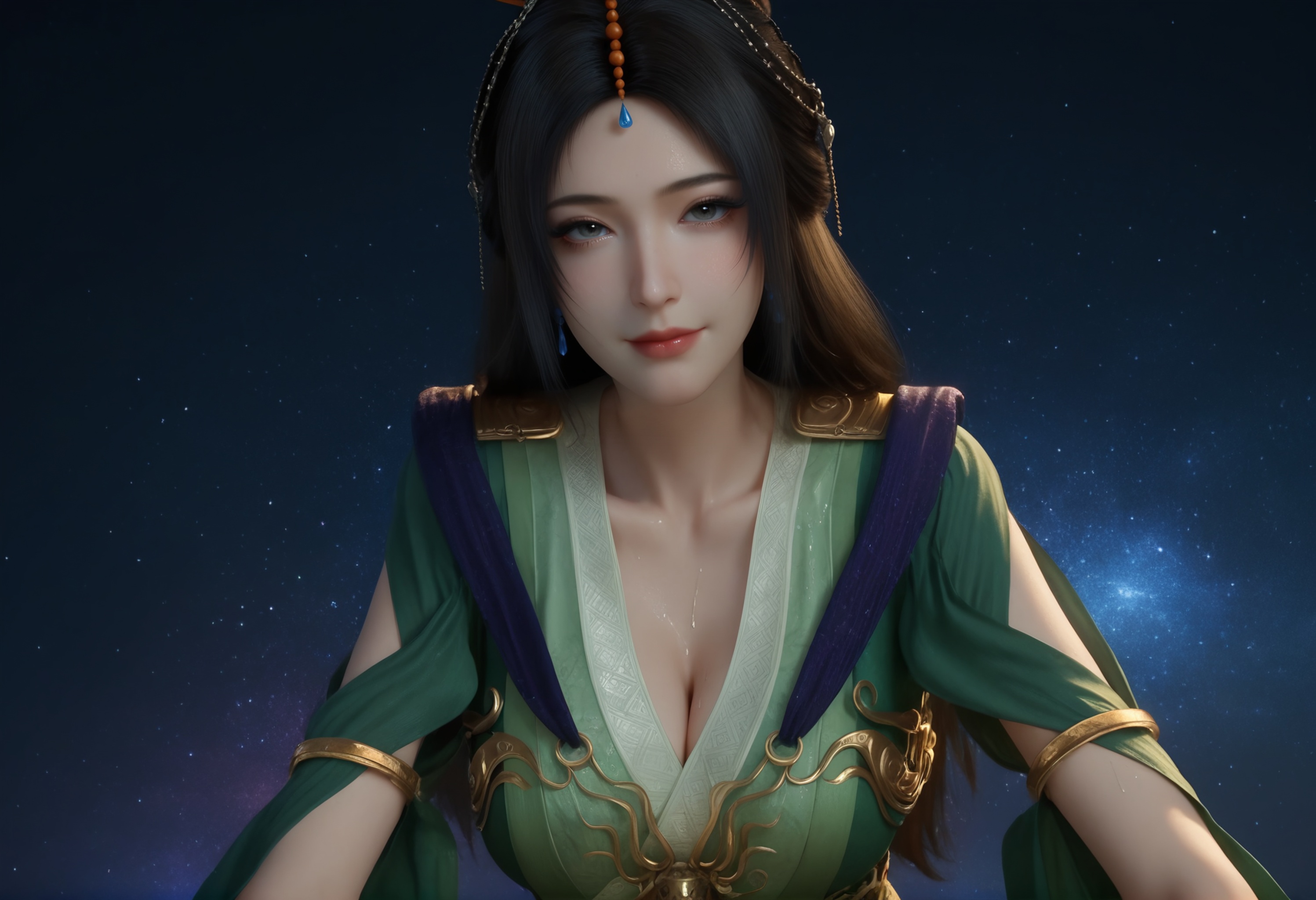 (score_9),portrait,solo focus,(eye focus),<lora:柳玉-apony:0.85>,liuyu,1girl,solo,long hair,hair ornament,single hair bun,black hair,earrings,traditional dress,green_traditional dress,mature_female,collarbone,pointy breasts,puffy breasts,(large teardrop breasts),teardrop breasts,teardrop breasts,cleavage,BREAK<lora:Expressive_H-000001:0.8>,light blush,Expressiveh,seductive_smile,looking at viewer,front view,<lora:皮肤凹痕:1.2>,fair_skin,(pale skin),(sweaty_skin),ultra-detailed skin texture,detailed textures,sweat,sweatdrop,BREAKsimple background,<lora:e色温:-0.25>,sparkle,sparkle background,fluorescence,fluorescent,4K ultra HD,sharp focus,high detail,high contrast,