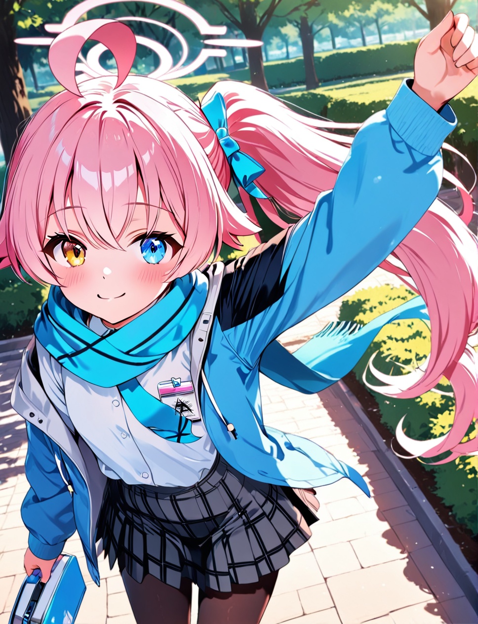 hoshino (blue archive),O,1girl, solo, hoshino (blue archive), pantyhose, skirt, blue eyes, long hair, halo, ahoge, smile, heterochromia, pink hair, outdoors, yellow eyes, long sleeves, jacket, open clothes, looking at viewer, ponytail, closed mouth, tree, blue jacket, pleated skirt, open jacket, black pantyhose, blush, scarf, bangs, very long hair, blue scarf, shirt, plaid skirt, plaid, white shirt, grey skirt, hand up, standing, day, cowboy shot, bush, brown pantyhose, hair between eyes,(UHD),anatomically correc,ccurate,textured skin,super detail,high details,award winning,best quality,high quality,retina,16k,HD,1080P,8k,