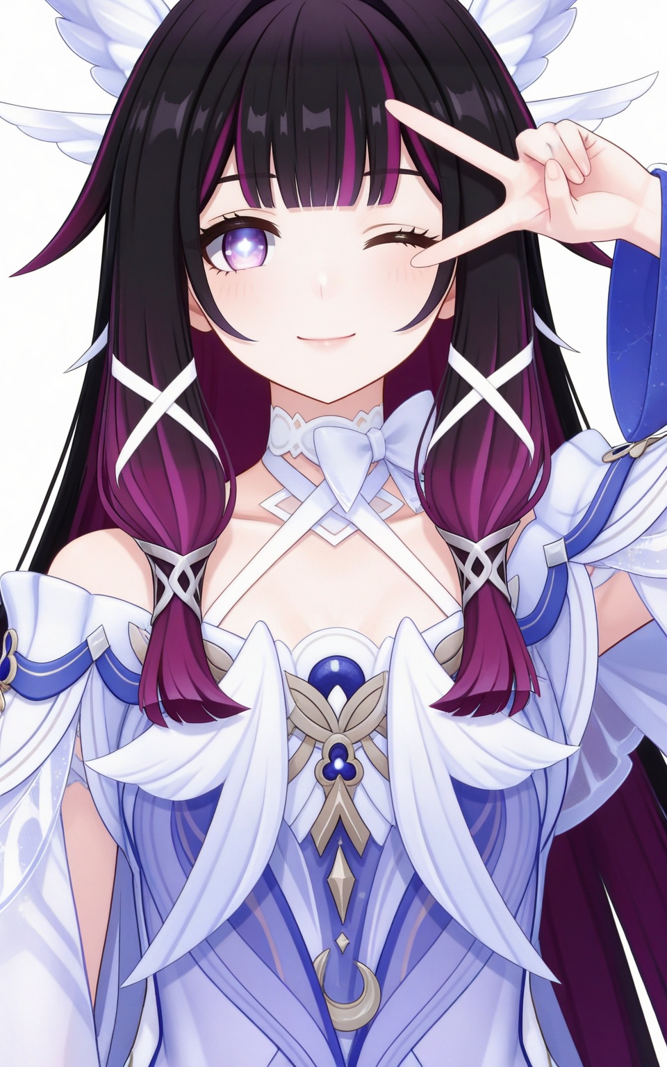 depth of field,masterpiece,best quality,very aesthetic,alternate costume,alternate costume,2024,2023,perfect composition,ultra-detailed,extreme aesthetic,masterpiece,best quality,good quality,newest,year 2024,year 2023,very aesthetic,absurdres,looking_at_viewer,colorful,<lora:哥伦比娅:0.8>,black hair,long hair,blunt bangs,multicolored hair,gradient hair,pink hair,purple hair,streaked hair,two-tone hair,very long hair,wing hair ornament,colored inner hair,purple eyes,shaonv symbol-shaped pupils,clothes:shaonv white short dress,shaonv detached sleeves,shaonv gradient dress,shaonv halter dress,shaonv long sleeves,shaonv off-shoulder dress,shaonv wide sleeves,shaonv wrist bow,shaonv wrist ribbon,1girl,solo,looking at viewer,smile,upper body,white background,simple background,bare shoulders,closed mouth,front view,v,one eye closed,