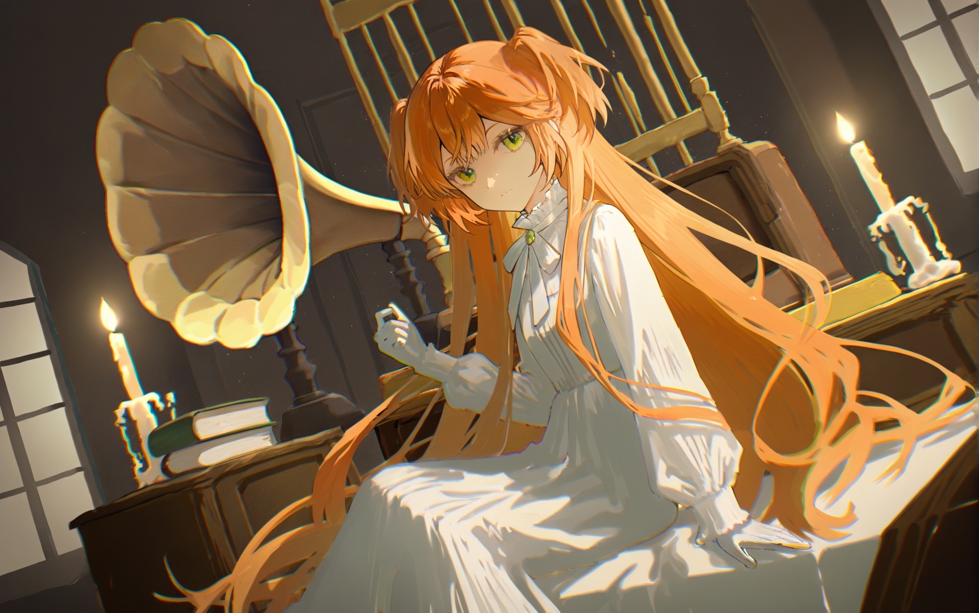 1girl,long hair,orange hair,solo,sitting,green eyes,white dress,dress,indoors,feet out of frame,phonograph,book stack,gloves,long sleeves,two side up,looking at viewer,dutch angle,book,closed mouth,window,candle,very long hair,