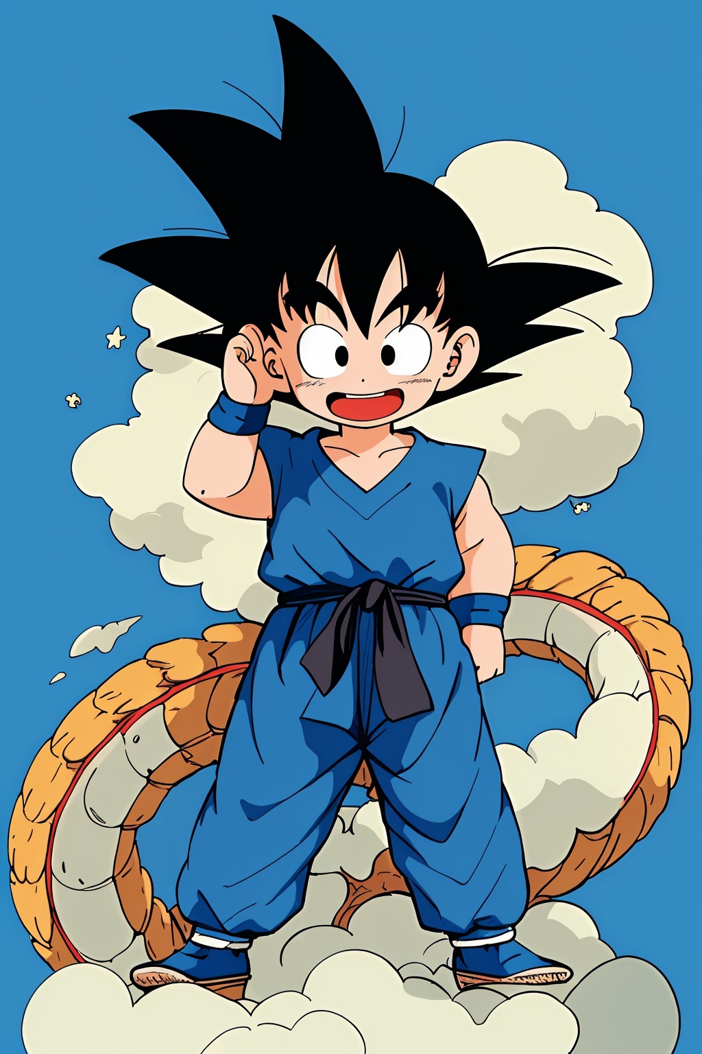 1 boy,1boy,:d,black eyes,black hair,blue sky,clenched hands,cloud,cloudy sky,day,dougi,dragon,eastern dragon,fingernails,flying,full body,happy,horizon,island,looking at viewer,looking away,male focus,mountain,open mouth,outdoors,palm tree,rope,sky,smile,solo,son goku,spiked hair,standing,tail,teeth,wristband，<lora:蔚蓝Blue小悟空2.0:0.8>