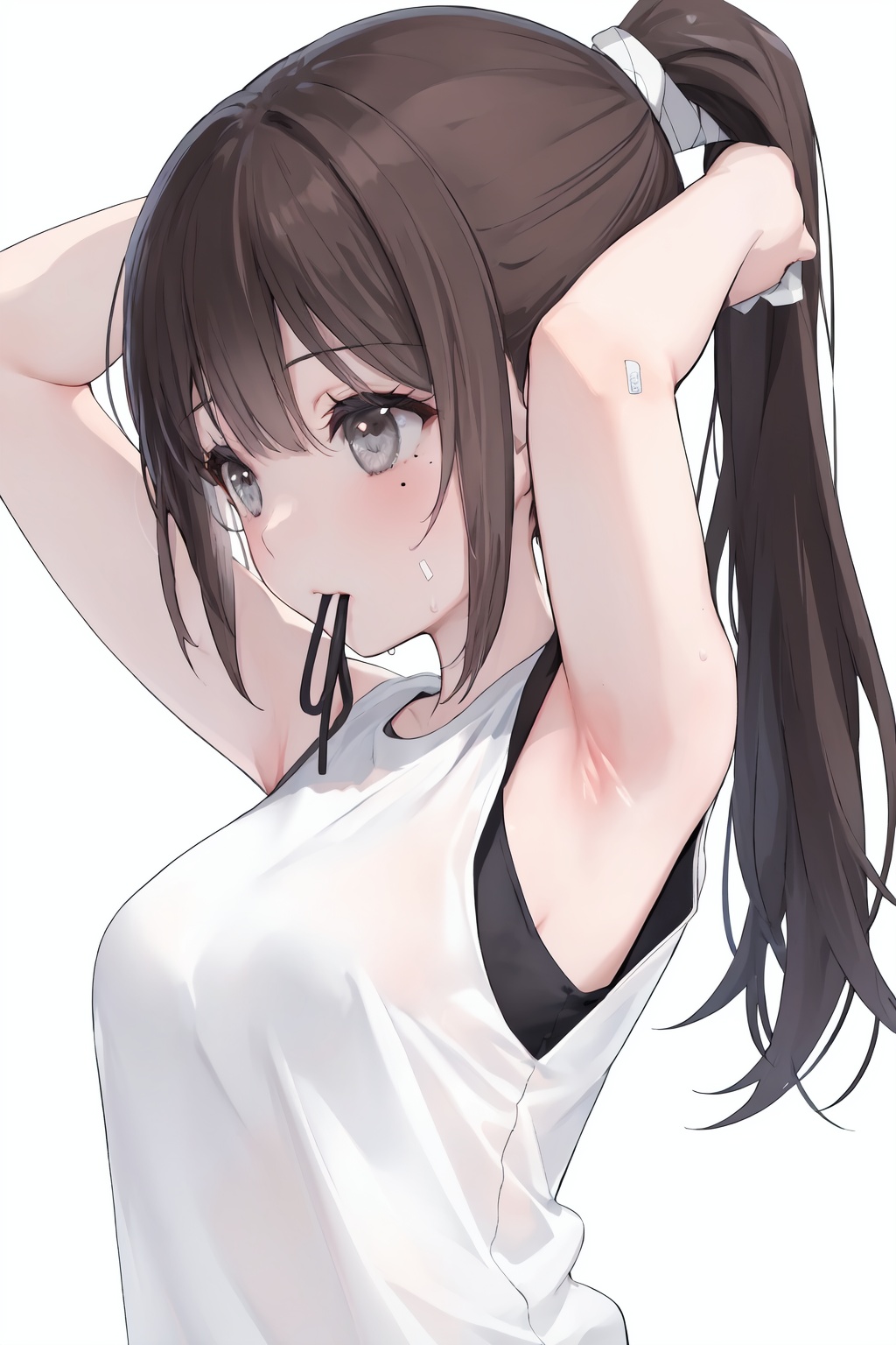 1girl,solo,long hair,shirt,bandages,armpits,tying hair,upper body,white shirt,ponytail,mouth hold,arms up,sleeveless,brown hair,sleeveless shirt,hair tie in mouth,bandaid,breasts,bangs,mole under eye,hair tie,profile,white background,mole,small breasts,looking away,from side,black hair,sweat,grey eyes,bright eyes,clear eyes,mi-style,