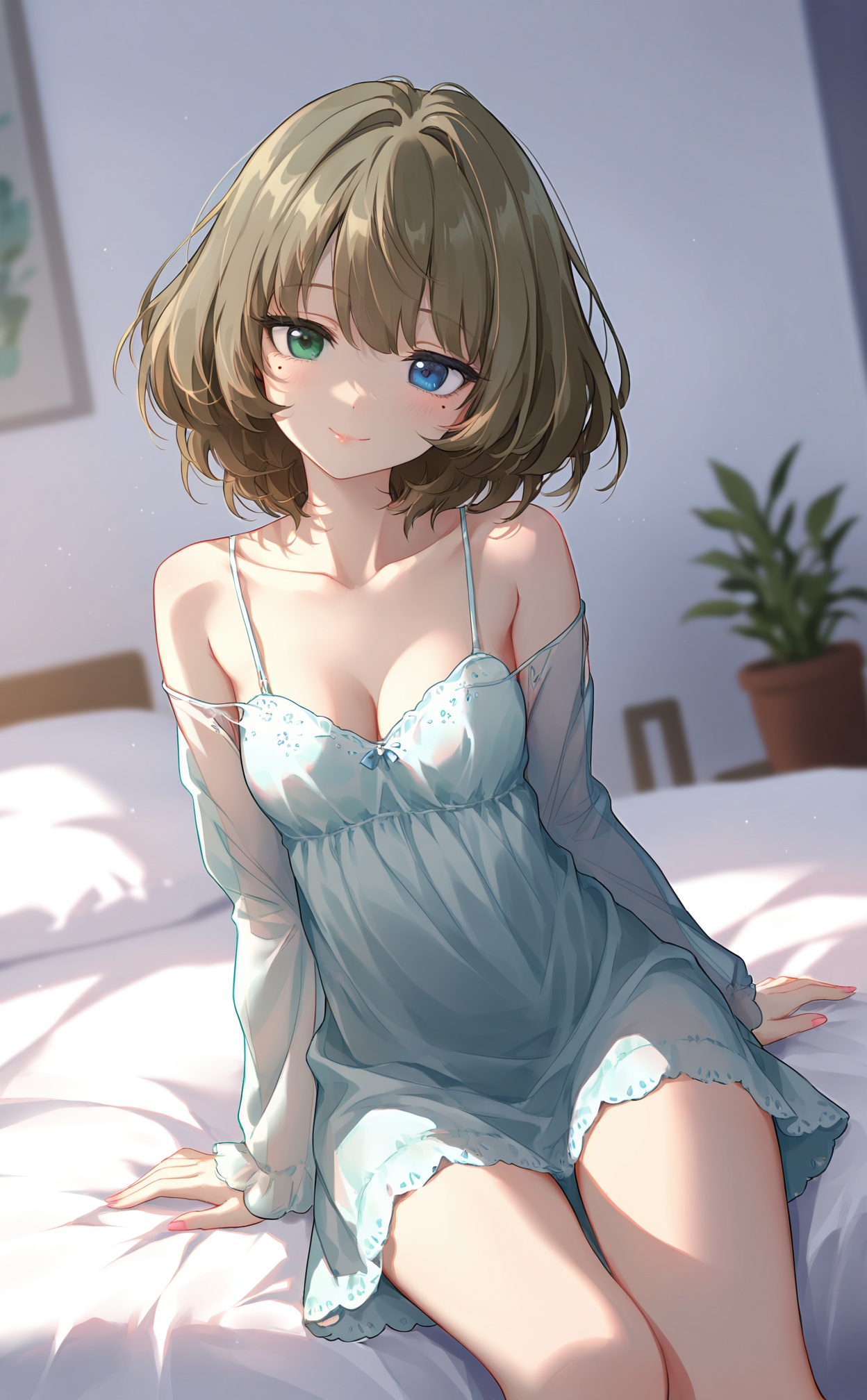 masterpiece,very aware,highres,absurdres,newest,best quality,high quality,loli,petite,chromatic_aberration,cinematic_angle,dutch angle,Light Blue Theme,//,1girl,breasts,heterochromia,takagaki_kaede,looking_at_viewer,mole_under_eye,blue_eyes,solo,green_eyes,mole,blush,sitting,collarbone,cleavage,brown_hair,green_dress,medium_breasts,smile,short_hair,blurry,dress,closed_mouth,on_bed,plant,off_shoulder,indoors,arm_support,bed_sheet,hair_between_eyes,blurry_background,pillow,bed,blanket,thighs,depth_of_field,potted_plant,nightgown,fingernails,long_sleeves,pink_nails,nail_polish,bare_shoulders,lips,messy_hair,green_hair,single_bare_shoulder,head_tilt,//,//,<lora:zitonger——【noob】hans:0.9>,