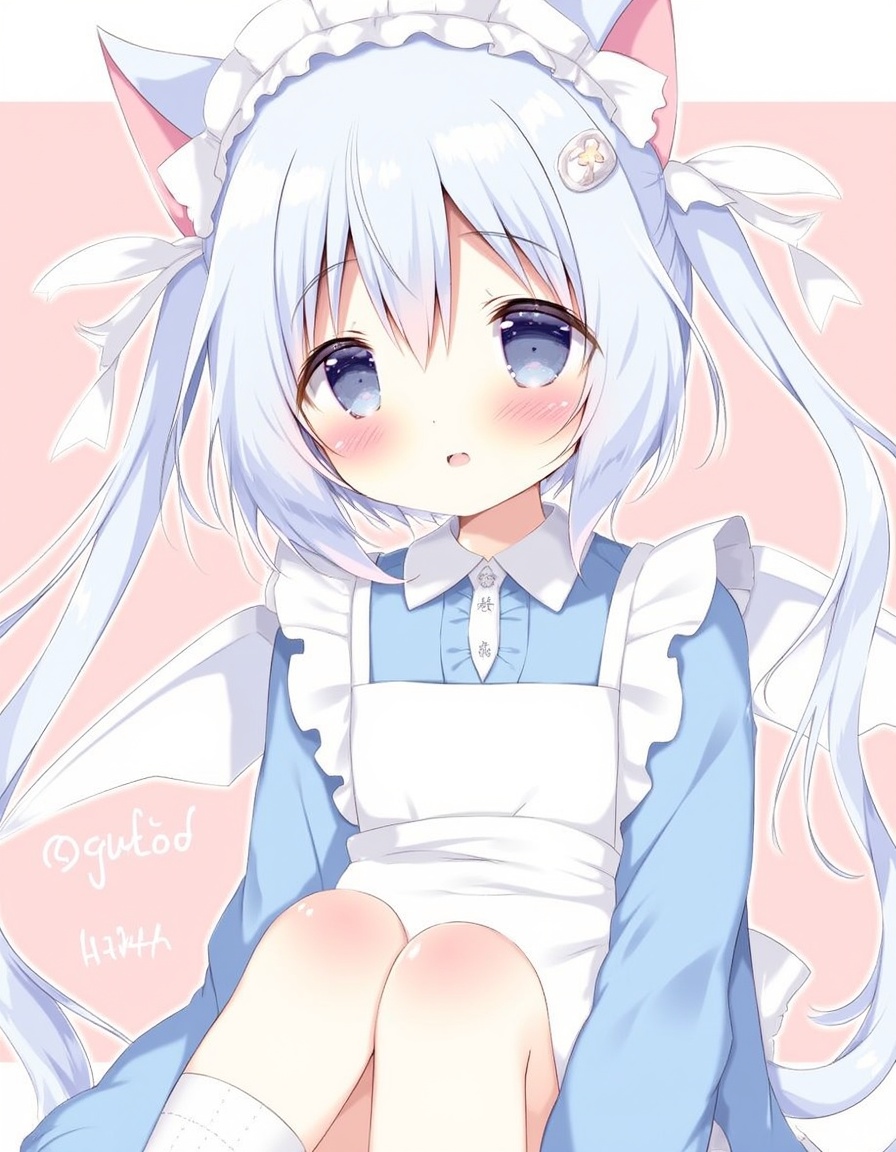 shiratama_(shiratamaco), commentary, highres, symbol-only_commentary, 1girl, angel_wings, animal_ear_fluff, animal_ears, apron, bandaid, bandaid_on_leg, blue_cardigan, blue_eyes, blush, bow, cardigan, cat_ears, cat_girl, cat_tail, fish_hair_ornament, frilled_apron, frills, hair_bow, hair_ornament, jersey_maid, leg_warmers, long_hair, long_sleeves, looking_at_viewer, maid, maid_headdress, , solo, tail, tail_bow, tail_ornament, twintails, unconventional_maid, very_long_hair, white_apron, , white_bow, white_footwear, white_hair, white_leg_warmers, white_wings, wings, , original, year_2024,, <lora:flux-Shiratamaco-000008:1>