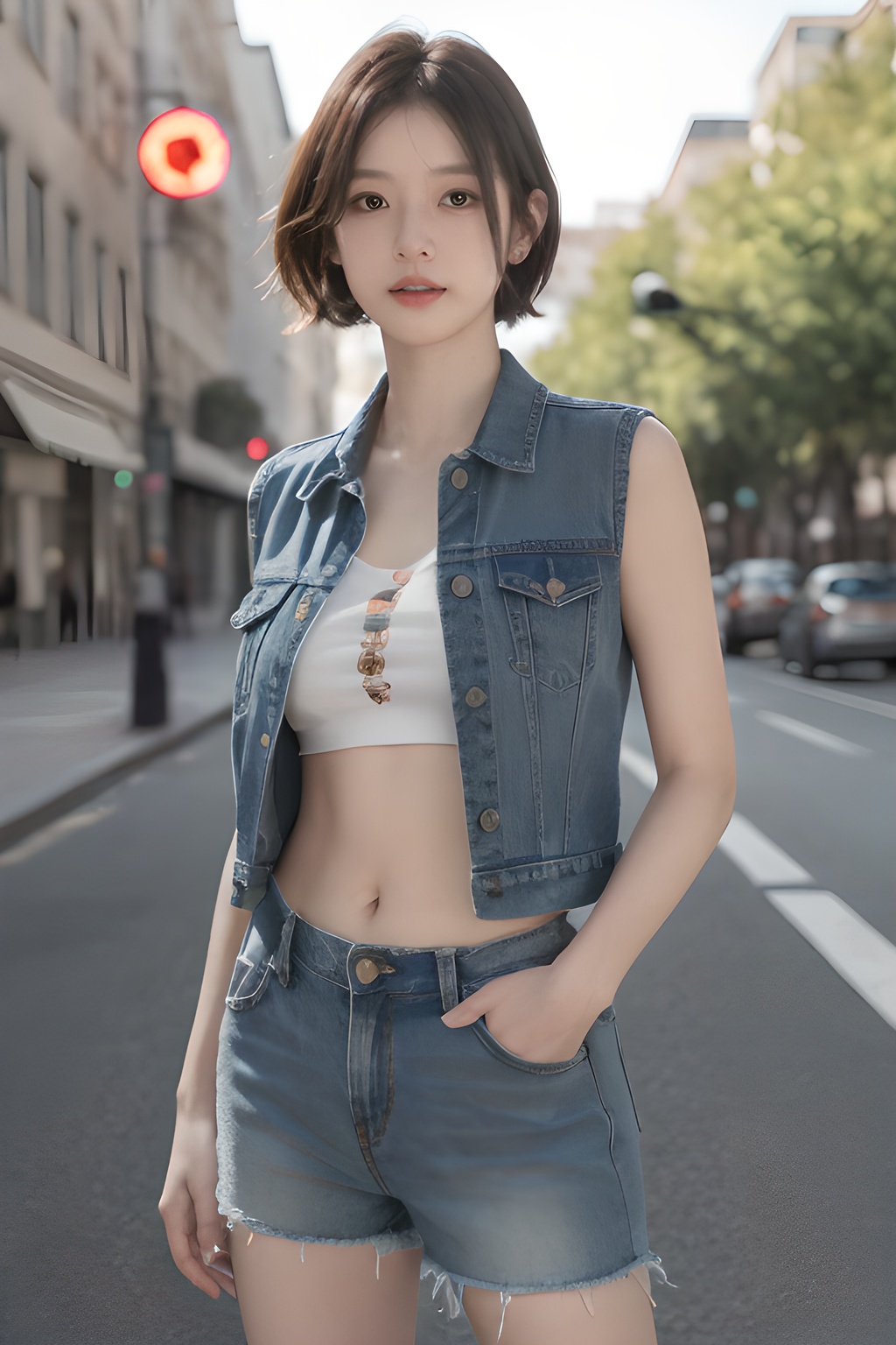 <lora:0826_10:0.7>(Best quality, masterpiece, ultra high res:1.2),photorealistic,raw photo,unity 8k wallpaper,cowboy shot,traffic light,1girl,cutoff jeans,denim vest,navel,hand in pockets, short hair,, 1girl,realistic,masterpiece, best quality, photorealistic, HDR,detail