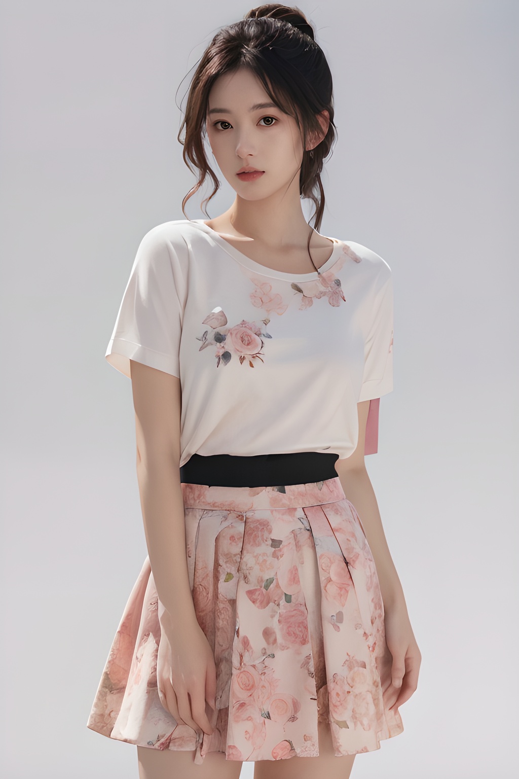 <lora:0818_02:0.7>,simple background,pink_floral_skirt,, 1girl,realistic,masterpiece, best quality, photorealistic, HDR,detail