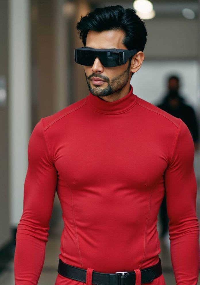 Rohit Khandelwal ,  Hi-res photo. He wears futuristic electronic glasses. He is wearing a light red,  close fitting flight...