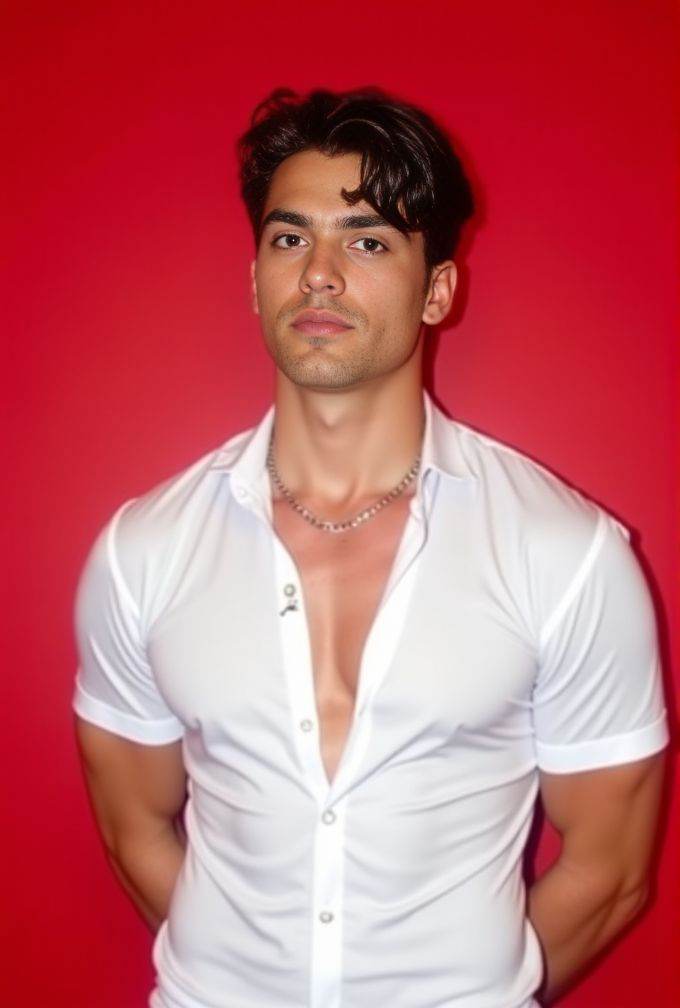 kirk bondad ,  The image is a high-resolution photograph. standing against a solid red background. wavy hair styled to the...