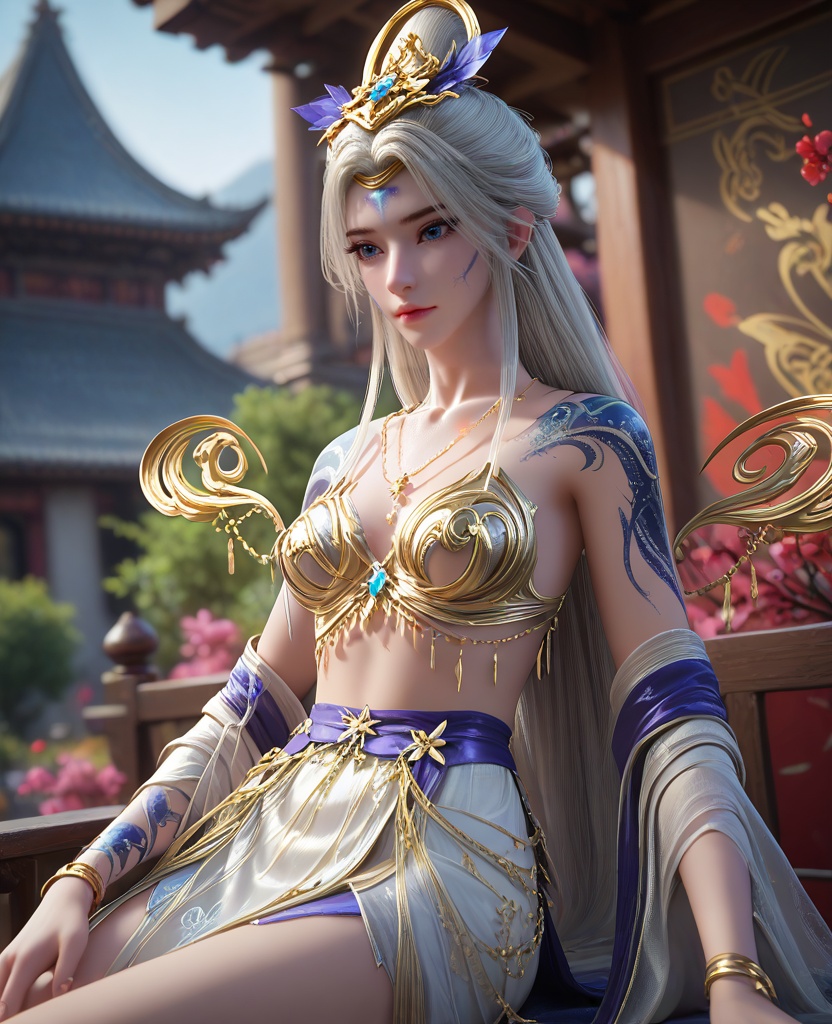 (oriental architecture, elegant decor, sophisticated style:1.1),Resting on a bench in a park, leaning back with hands behind the head, enjoying the moment,,(breasts:1.2),<lora:XL16完美世界莫仙:0.95>,miss moxian,white filigree bra,white chiffon skirt,blue eyes,white hair,very long hair,hair ornament,traditional chinese updo with long front strands,facial mark,necklace,(blue tattoo:1.3),(full right sleeve:1.3),hagoromo,, zPDXL2, score_9, score_8_up, score_7_up BREAK realistic, masterpiece,best quality, highly detailed,, zPDXL3, zPDXL2,zPDXL, zPDXLxxx, zPDXLrl,