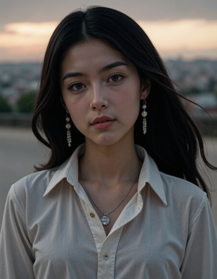 cinematic, 1girl, solo, jewelry, realistic, black hair, earrings, looking at viewer, upper body, long hair, shirt, outdoors,