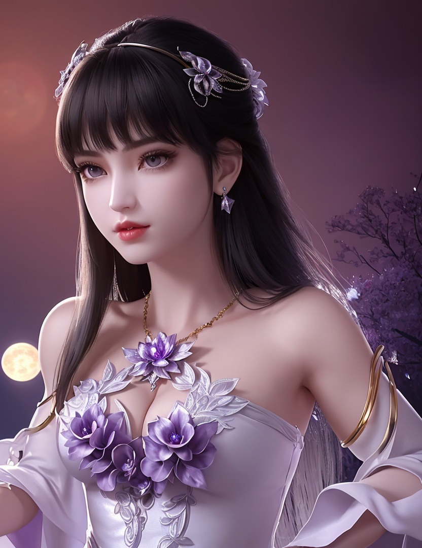 ultra realistic 8k cg, picture-perfect face, flawless, clean, masterpiece, professional artwork, famous artwork, cinematic lighting, cinematic bloom, perfect face, beautiful face, fantasy, dreamlike, unreal, science fiction,   lace, lace trim, lace-trimmed legwear,  (rich:1.4), prestige, luxury, jewelry, diamond, gold, pearl, gem, sapphire, ruby, emerald, intricate detail, delicate pattern, charming, alluring, seductive, erotic, enchanting, hair ornament, necklace, earrings, bracelet, armlet,halo((,1girl, pov,))(((1girl, jewelry, solo,, breasts, , looking_at_viewer,  outdoors,  full moon,  upper body,  purple flower, )))    <lora:DA_YueChanTeen:0.7>