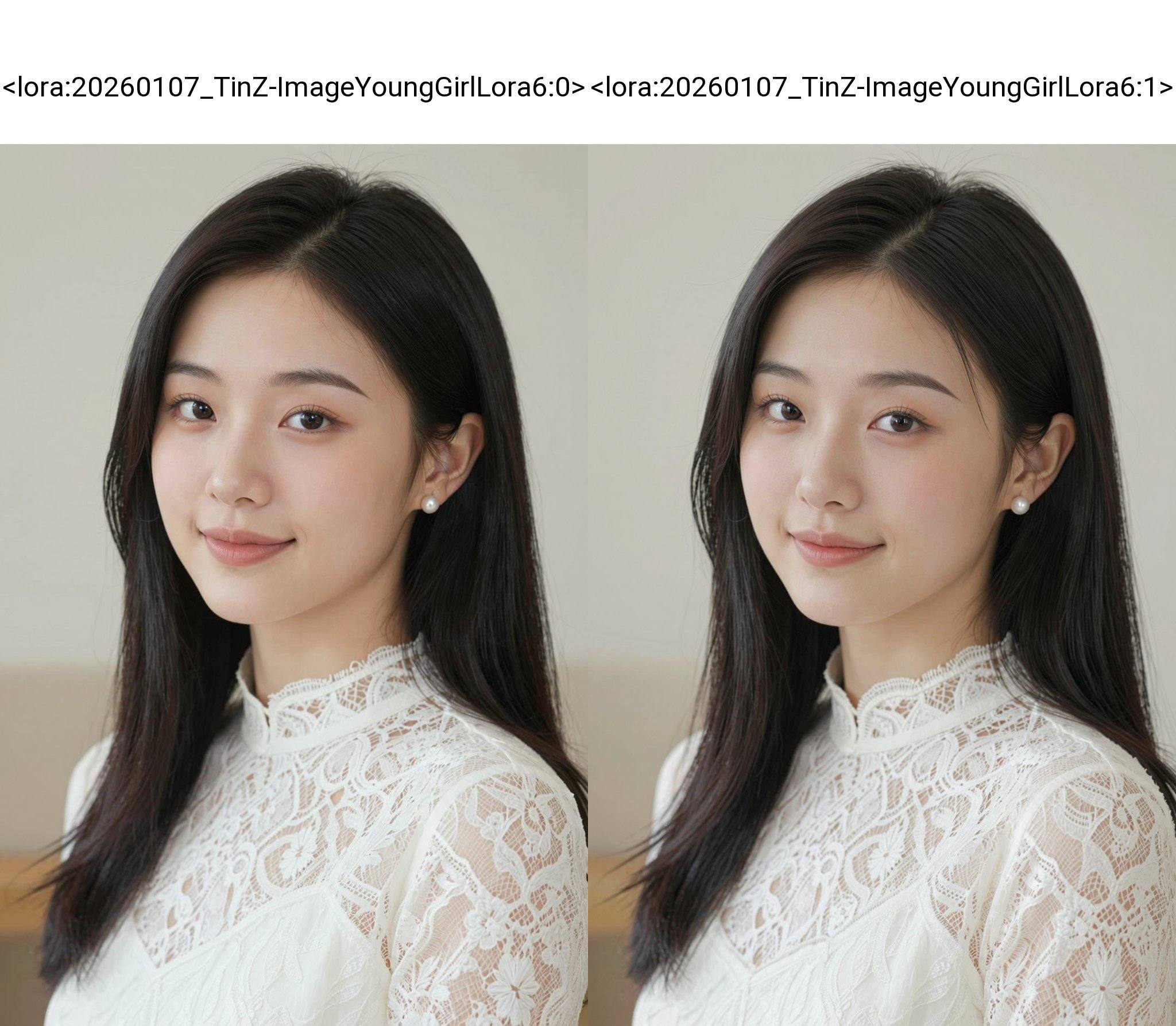 A photograph of a young Asian woman with fair skin and long, straight black hair. She has delicate features, wearing a white lace blouse with a high collar. Her makeup is subtle, with a natural look. She has small pearl earrings and a soft smile. The background is a blurred, light-colored wall, creating a serene and elegant atmosphere. The image captures her in a close-up, emphasizing her calm and poised expression. <lora:20260107_TinZ-ImageYoungGirlLora6:0>