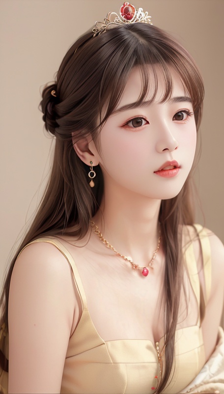 (8k, RAW photo, best quality, masterpiece:1.2), (realistic, photo-realistic:1.37)1girl, solo, Guazi face, white and tender face, immature face,Petite face,Flawless face(mature female:1.2),Crown, (Large earrings:1.2), lipstick,  necklace