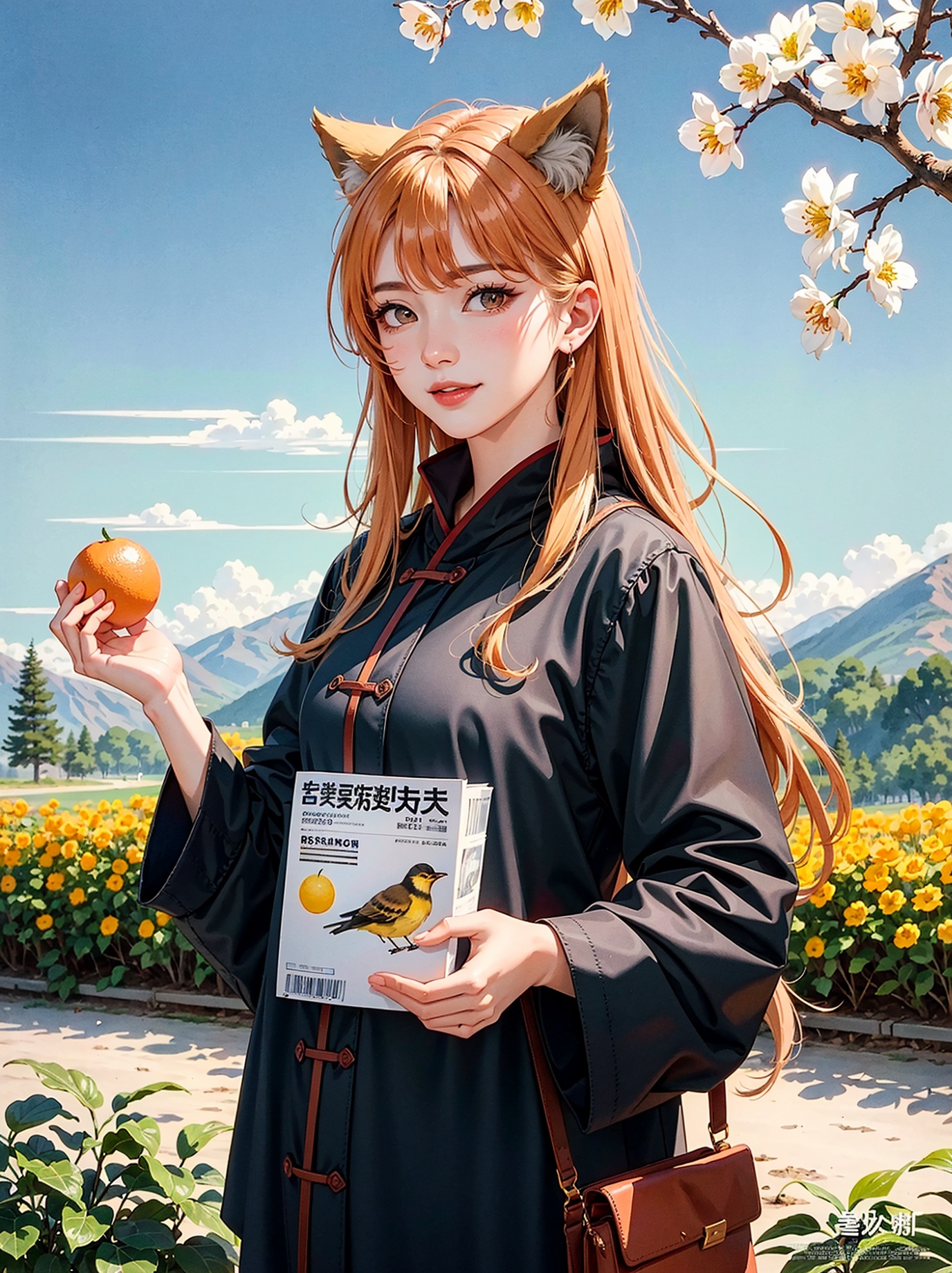 1girl, smile, upper body, (standing: 1.2), (red eye), (wolf ear), (yellow hair), (wolf tail), (cute young girl:1.1), beautiful detailed eyes, orange hair, very long hair, small breasts, (looking at viewer), (magazine:1.3), (cover-style:1.3), flower,, A ink painting of a tranquil orchard with Chinese writing on it and a pair of birds building their nest, with a fruit-laden branch in the foreground, An Zhengwen, organic painting, a minimalist painting, art & language, ink and wash,