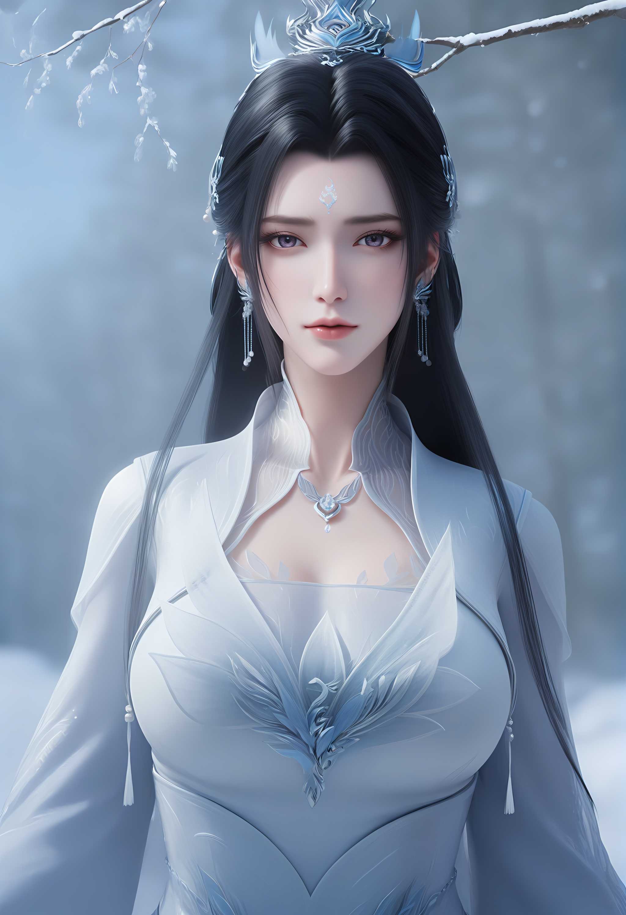 (score_9),upper body,<lora:陆雪琪2-Apony:0.82>,luxueqi,1girl,solo,long hair,black hair,hair ornament,hair bun,updo,earrings,forehead mark,dress,jewelry,necklace,hair ribbon,belt,<lora:Expressive_H-000001:0.8>,light blush,front view,arm up,mature female,collarbone,pointy breasts,puffy breasts,cleavage,<lora:e肤色滑块:0.35>,fair_skin,(pale_skin),(white_skin),light skin,ultra-detailed skin texture,detailed textures,BREAKsimple background,in snow,Tyndall effect,available light,depth of field,tree,snowflakes,branch,twig,<lora:e色温:0.35>,4K ultra HD,sharp focus,high detail,natural lighting,high contrast,